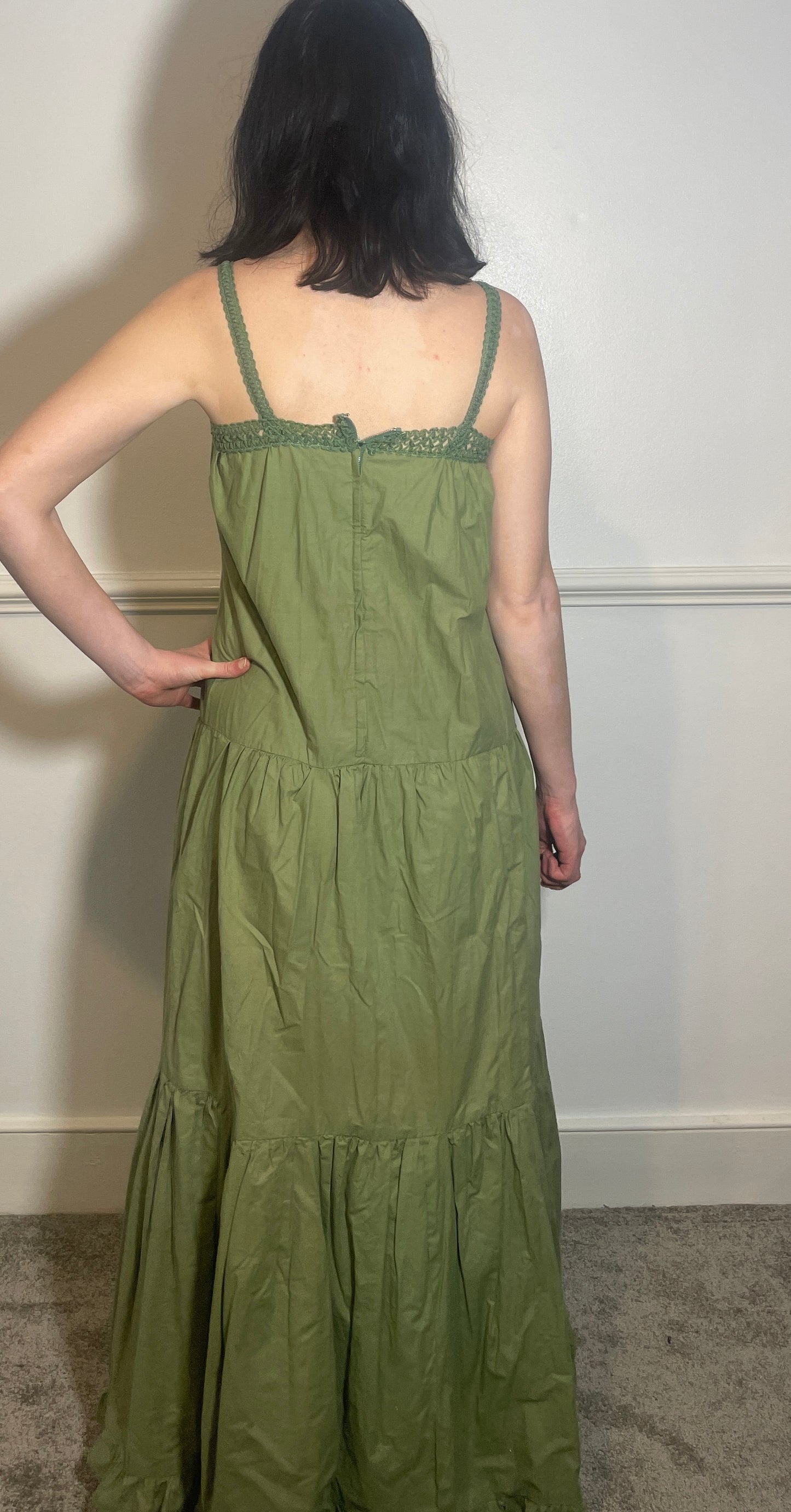 Vintage 70s Handmade Khaki Green Crochet Trim Tiered Maxi Dress - Size 10