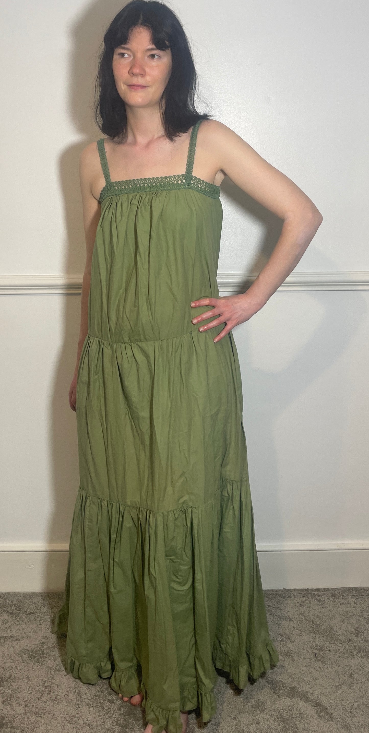 Vintage 70s Handmade Khaki Green Crochet Trim Tiered Maxi Dress - Size 10