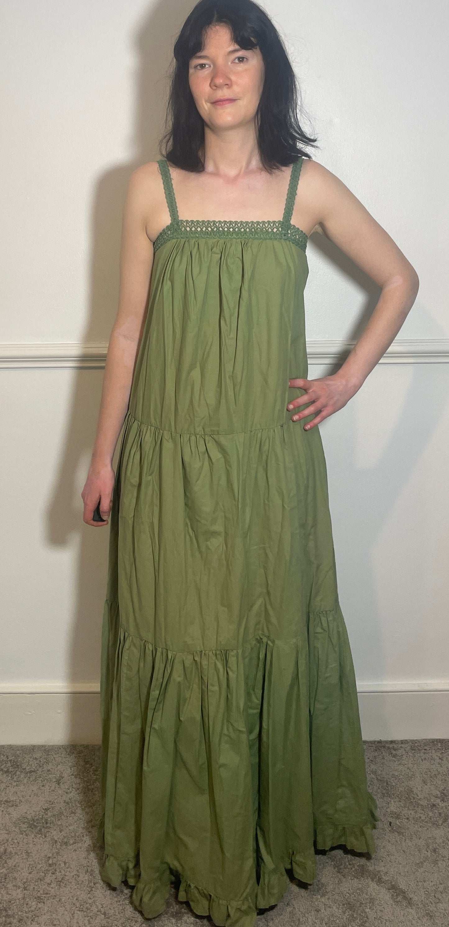 Vintage 70s Handmade Khaki Green Crochet Trim Tiered Maxi Dress - Size 10