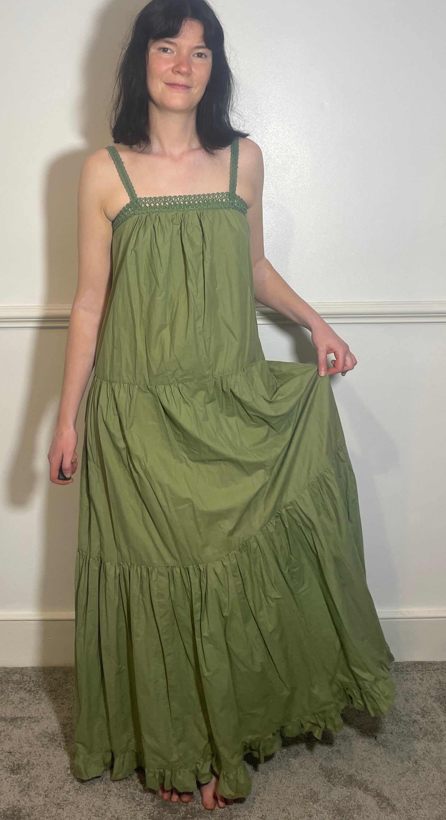 Vintage 70s Handmade Khaki Green Crochet Trim Tiered Maxi Dress - Size 10