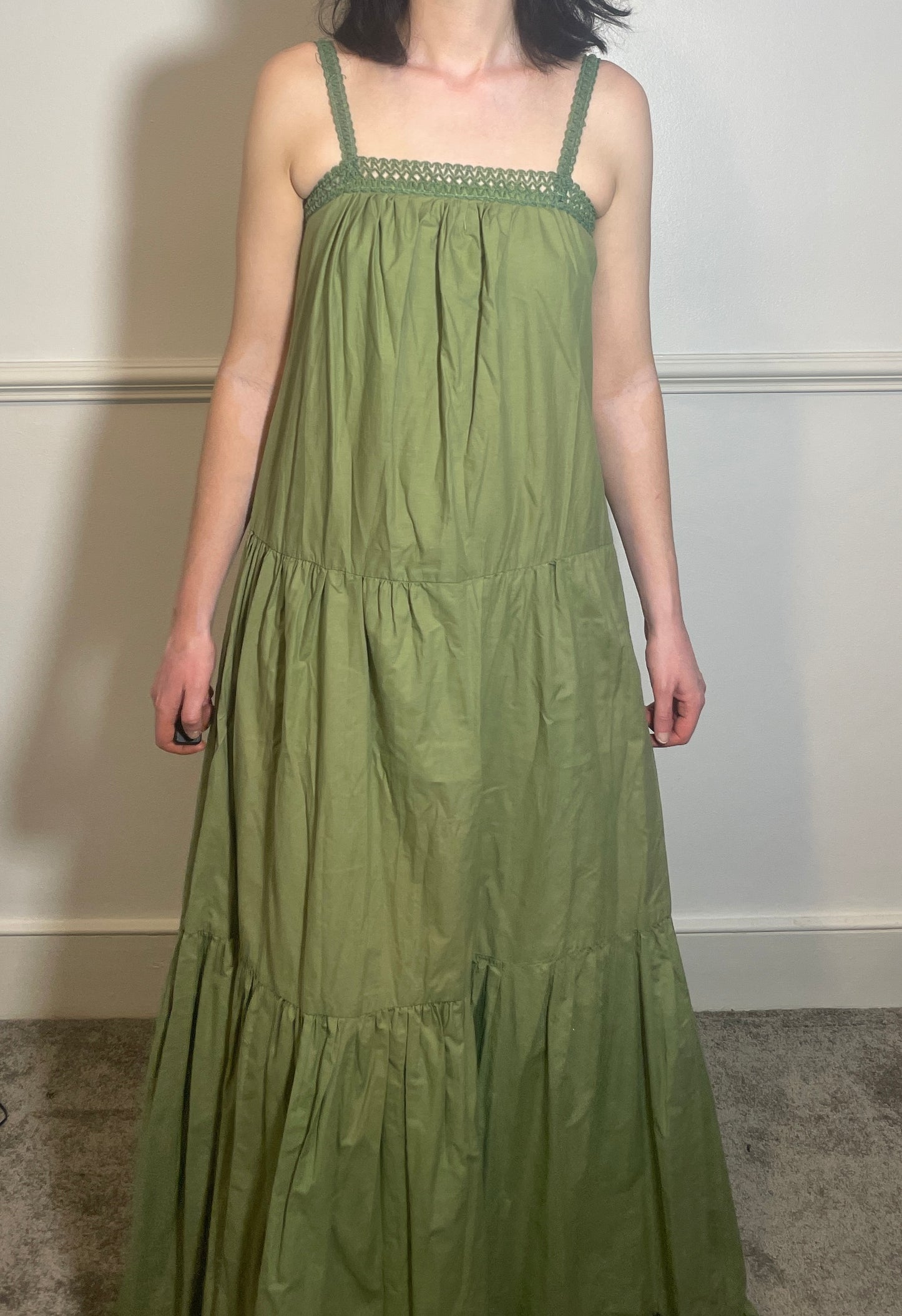 Vintage 70s Handmade Khaki Green Crochet Trim Tiered Maxi Dress - Size 10