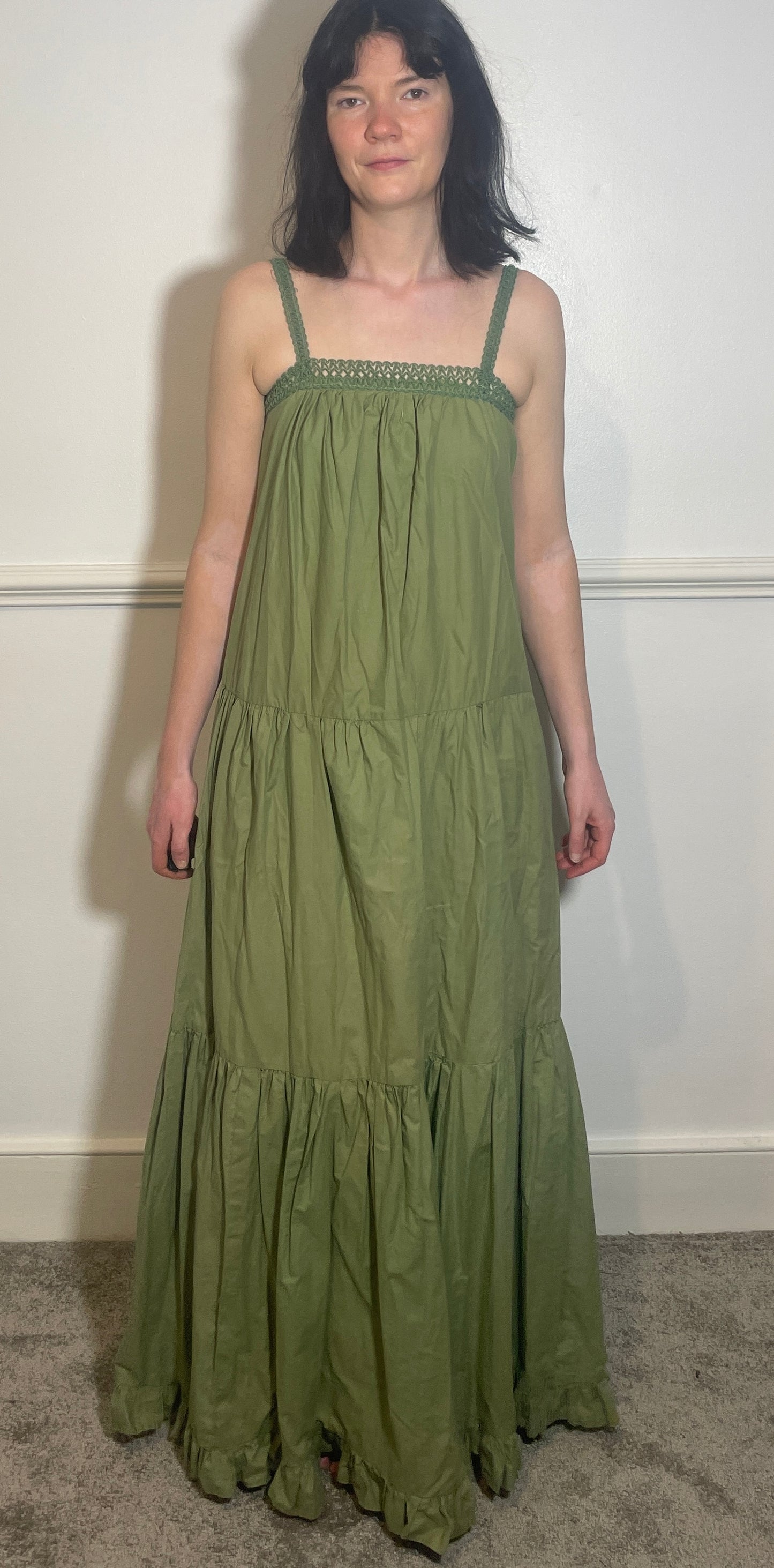 Vintage 70s Handmade Khaki Green Crochet Trim Tiered Maxi Dress - Size 10