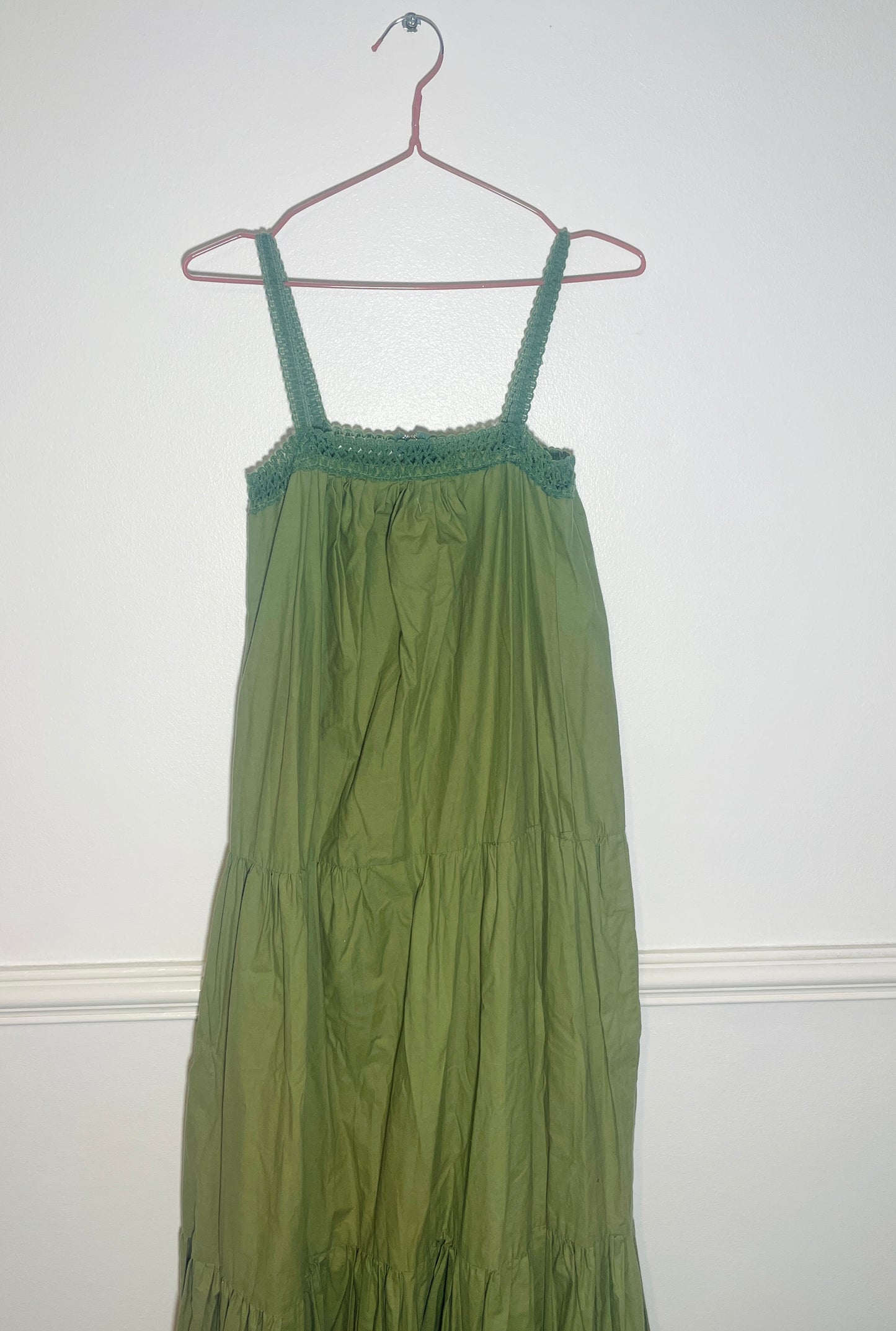 Vintage 70s Handmade Khaki Green Crochet Trim Tiered Maxi Dress - Size 10