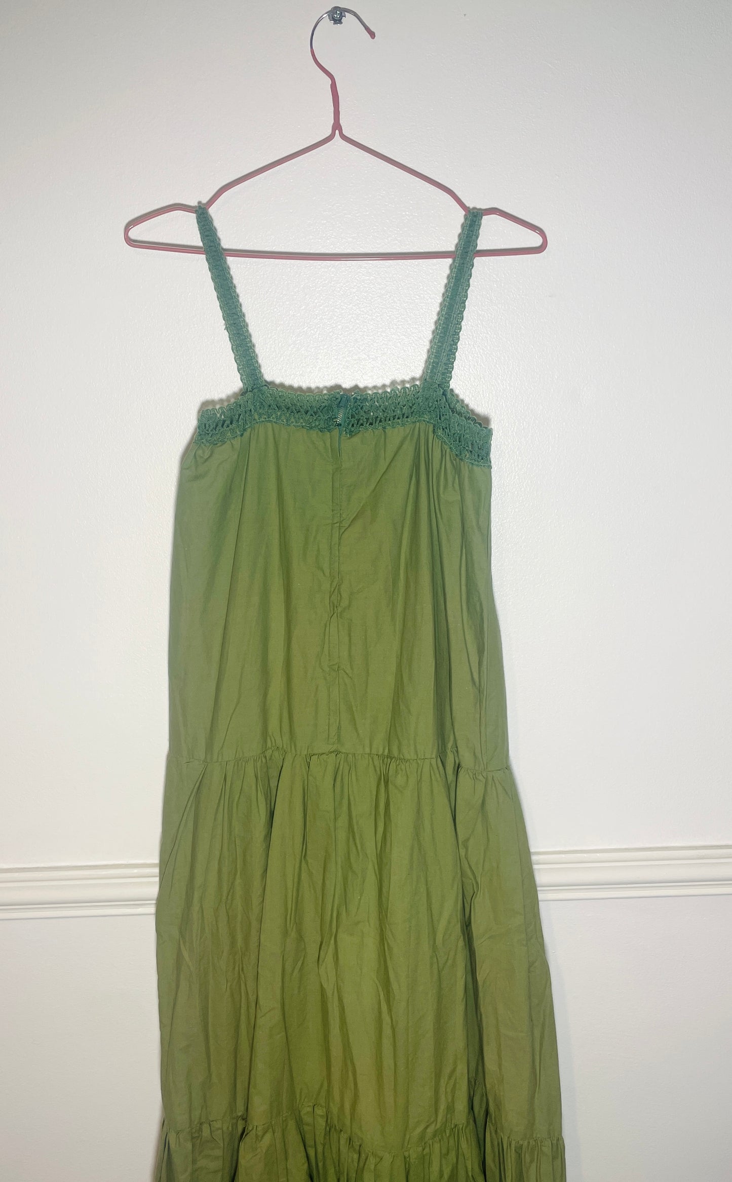 Vintage 70s Handmade Khaki Green Crochet Trim Tiered Maxi Dress - Size 10