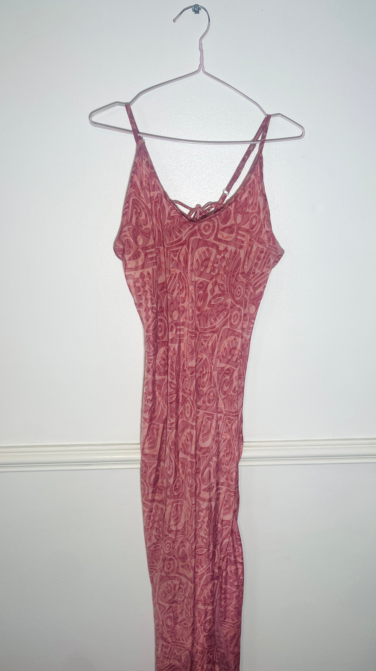 Vintage Y2k Pink Print Hankerchief Hem Lace Up Back Slip Dress - Size 10