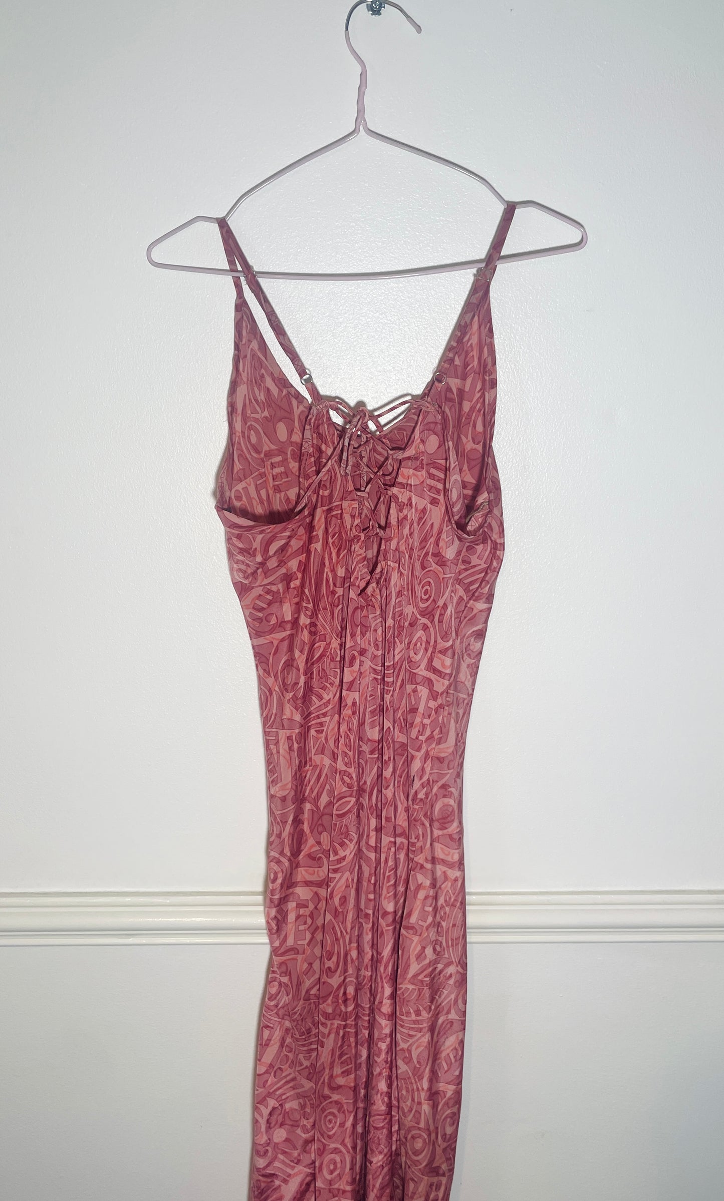 Vintage Y2k Pink Print Hankerchief Hem Lace Up Back Slip Dress - Size 10