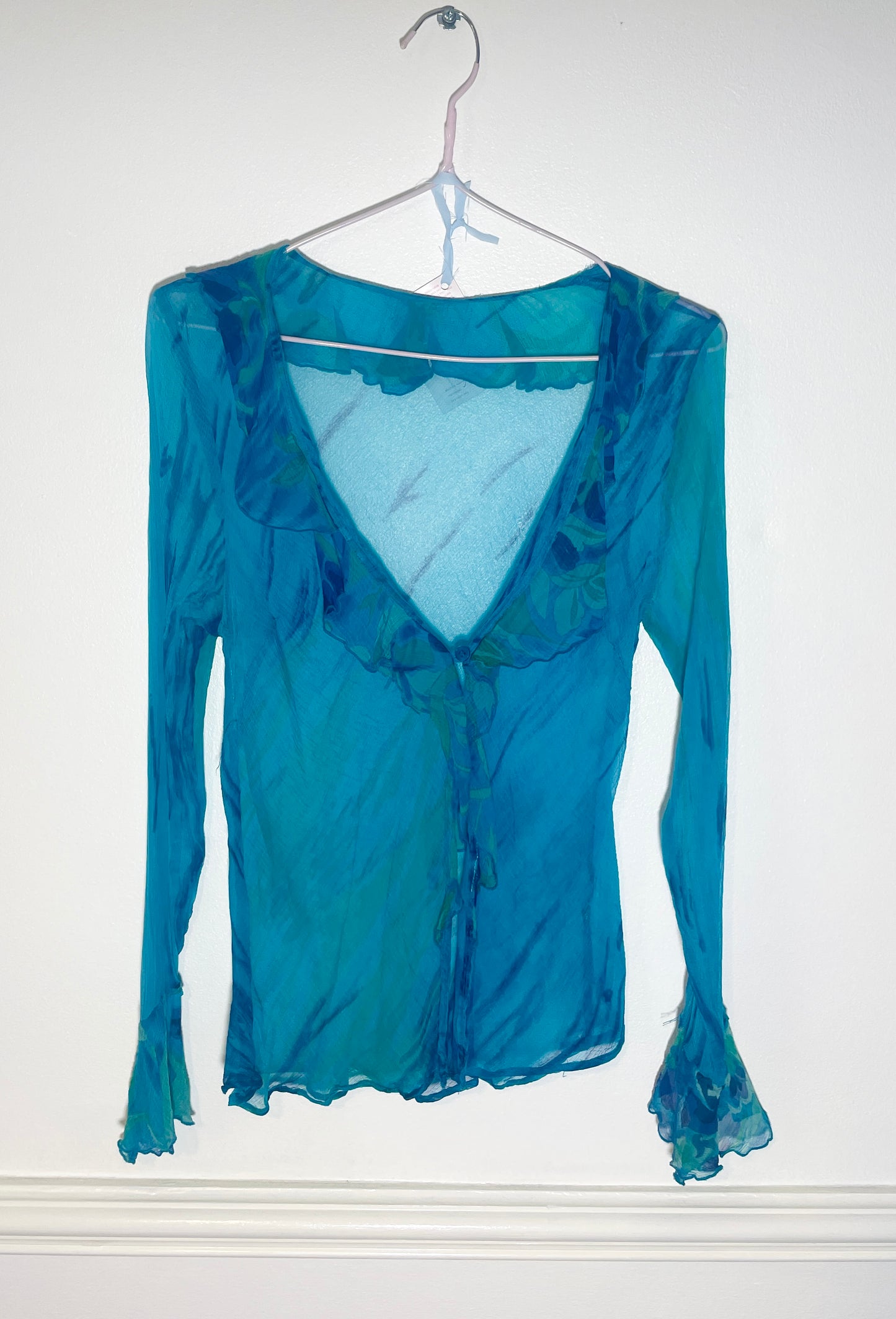 Vintage Y2k Blue Chiffon Bias Cut Ruffle Maxi Dress with Matching Long Sleeve Top - Size 10