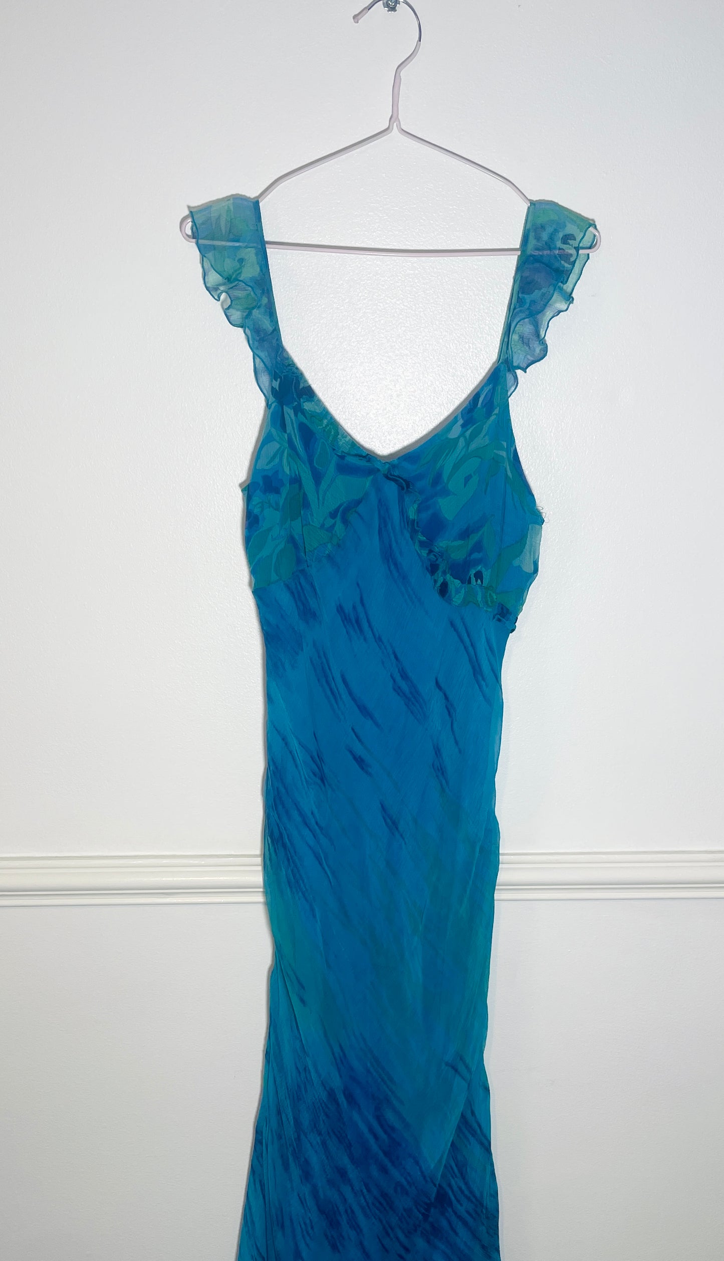 Vintage Y2k Blue Chiffon Bias Cut Ruffle Maxi Dress with Matching Long Sleeve Top - Size 10