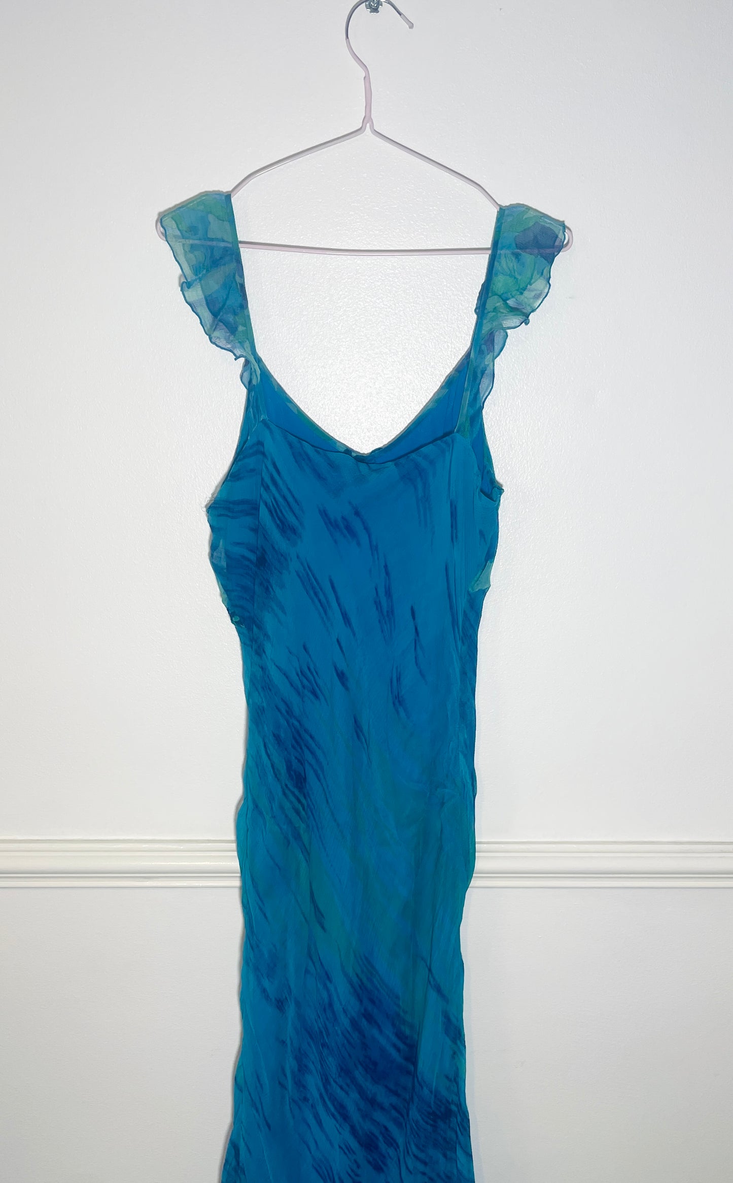 Vintage Y2k Blue Chiffon Bias Cut Ruffle Maxi Dress with Matching Long Sleeve Top - Size 10