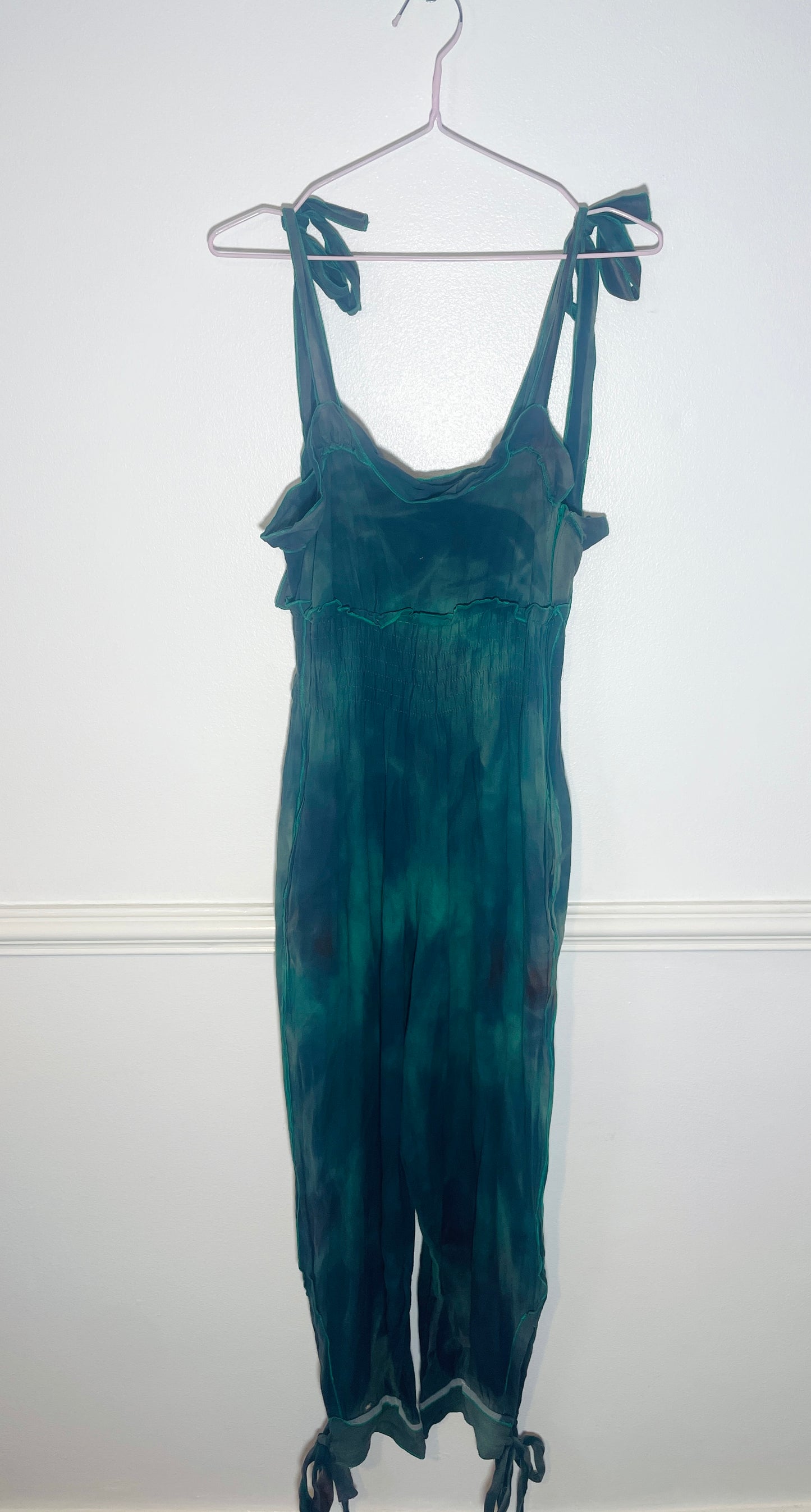 Vintage 90s Sonia Rykiel Green Tie Dye Sleeveless Tie Shoulder Jumpsuit - Size 8
