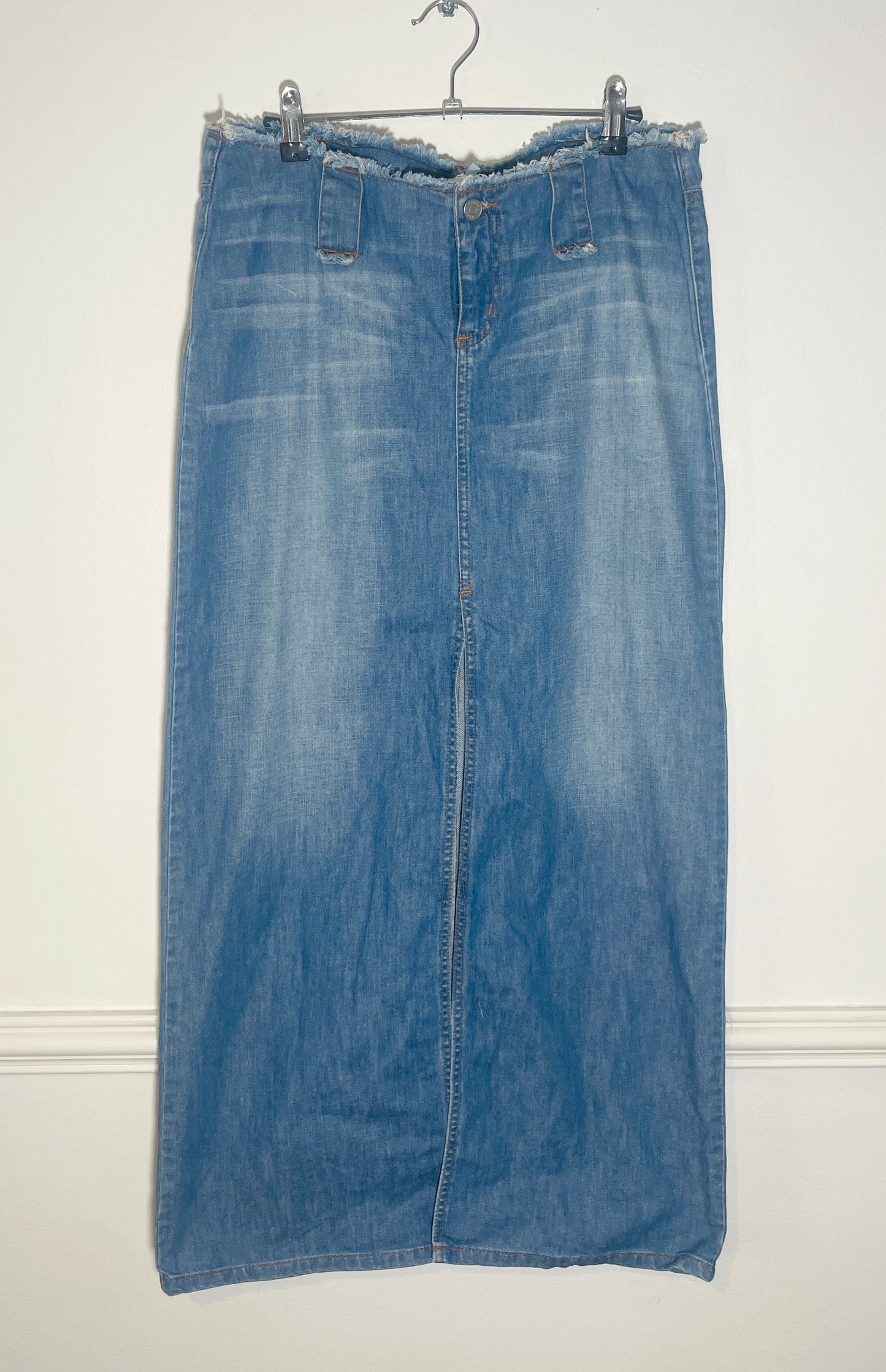 Vintage Y2k Blue Denim Frayed Edge Maxi Skirt - Size 12