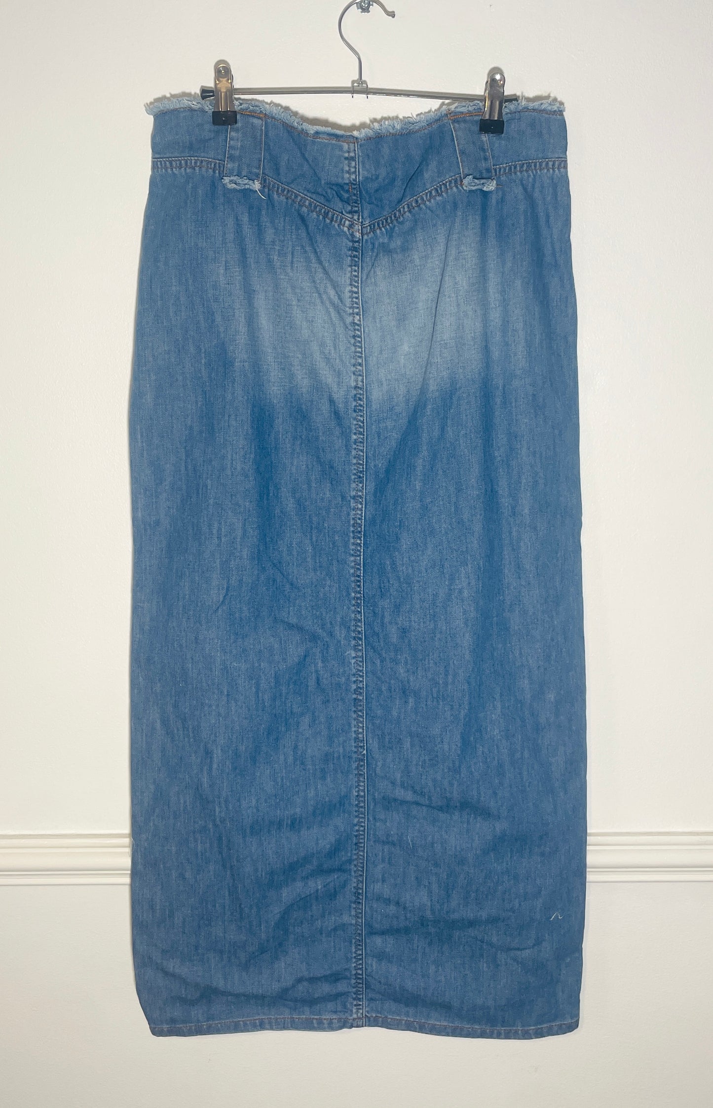 Vintage Y2k Blue Denim Frayed Edge Maxi Skirt - Size 12