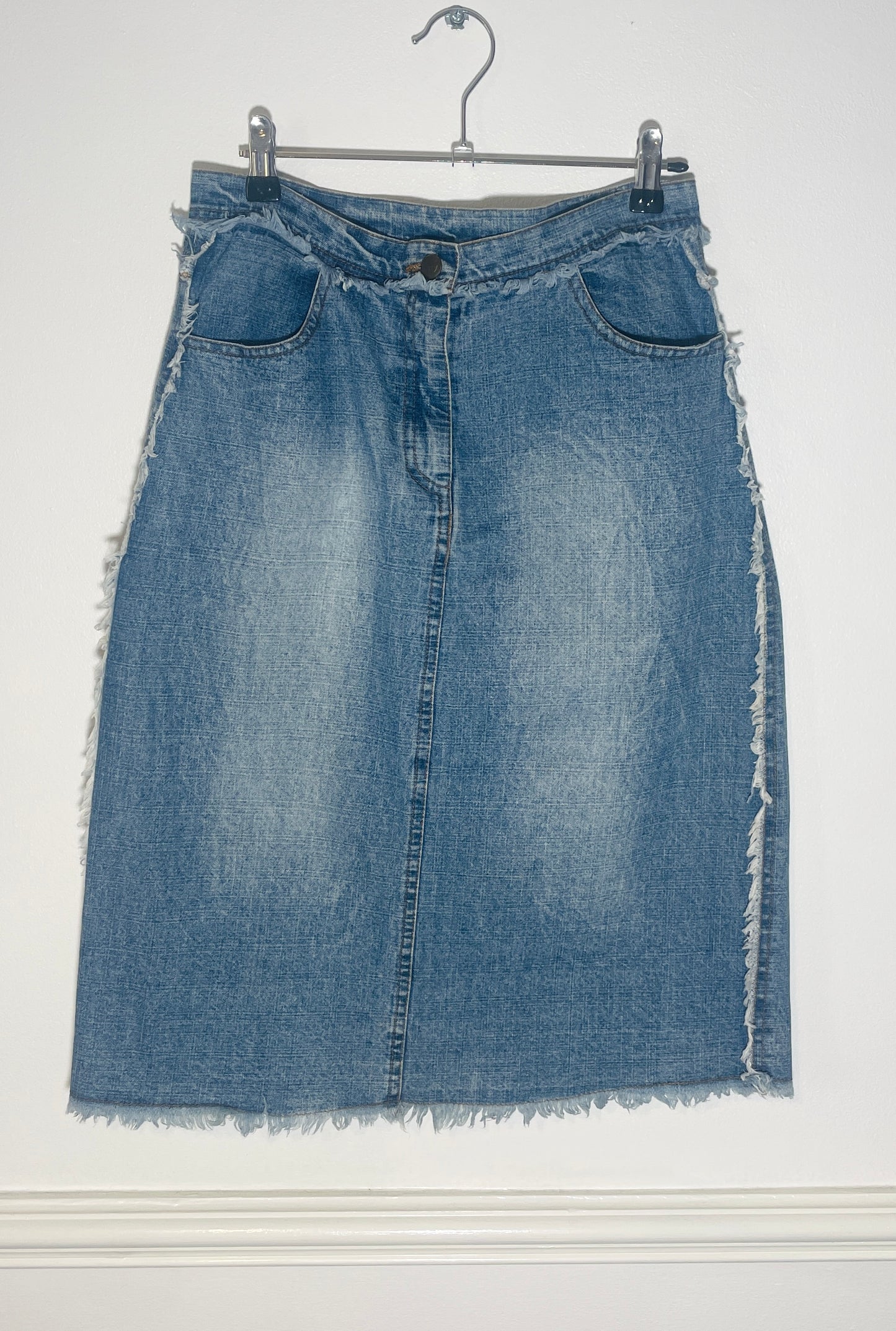 Vintage Y2k Blue Denim Frayed Edge Midi Skirt - Size 10