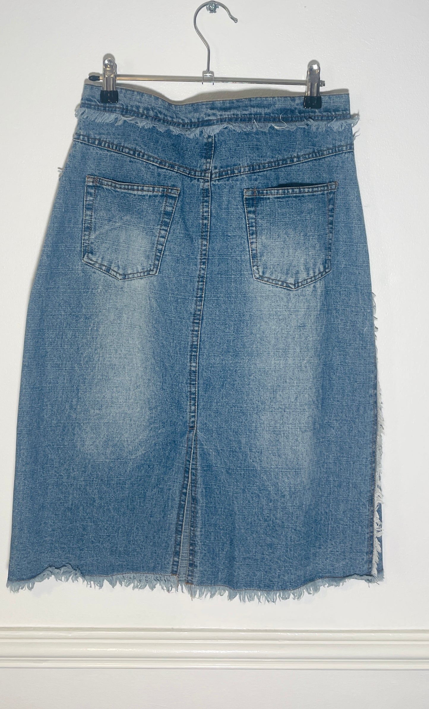 Vintage Y2k Blue Denim Frayed Edge Midi Skirt - Size 10