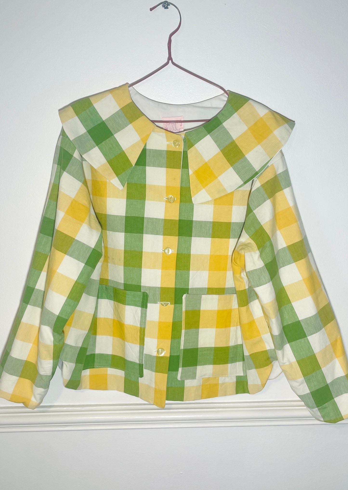 Handmade Green and Yellow Checked Large Collar Jacket - Size 16