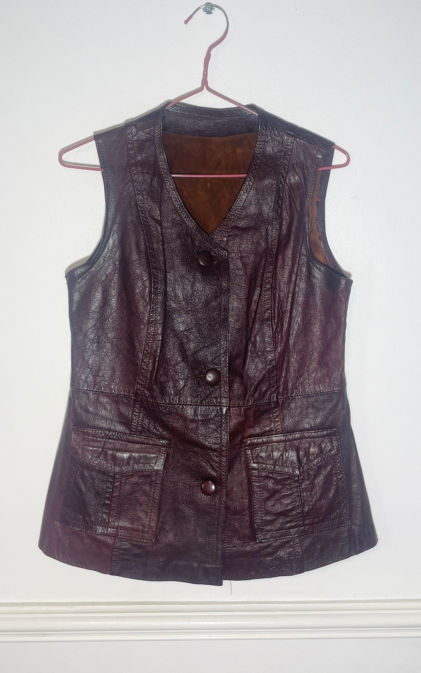 Vintage 90s Long Burgandy Leather Sleeveless Waistcoat - Size 10