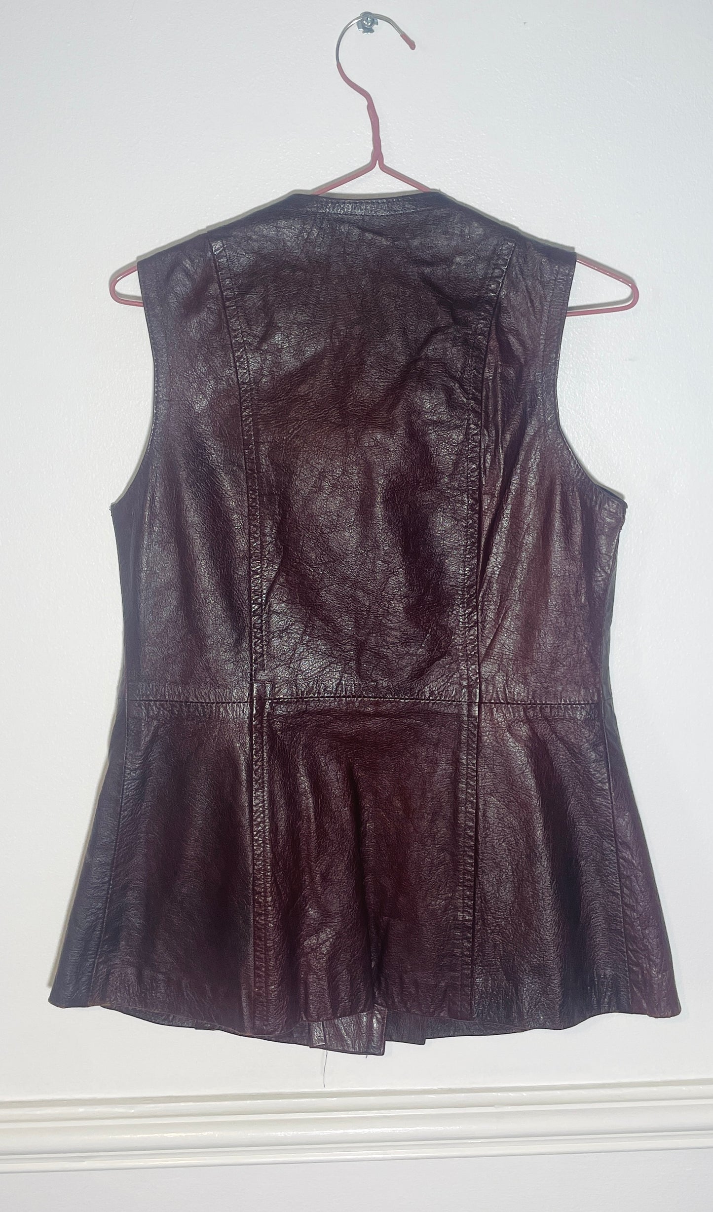 Vintage 90s Long Burgandy Leather Sleeveless Waistcoat - Size 10