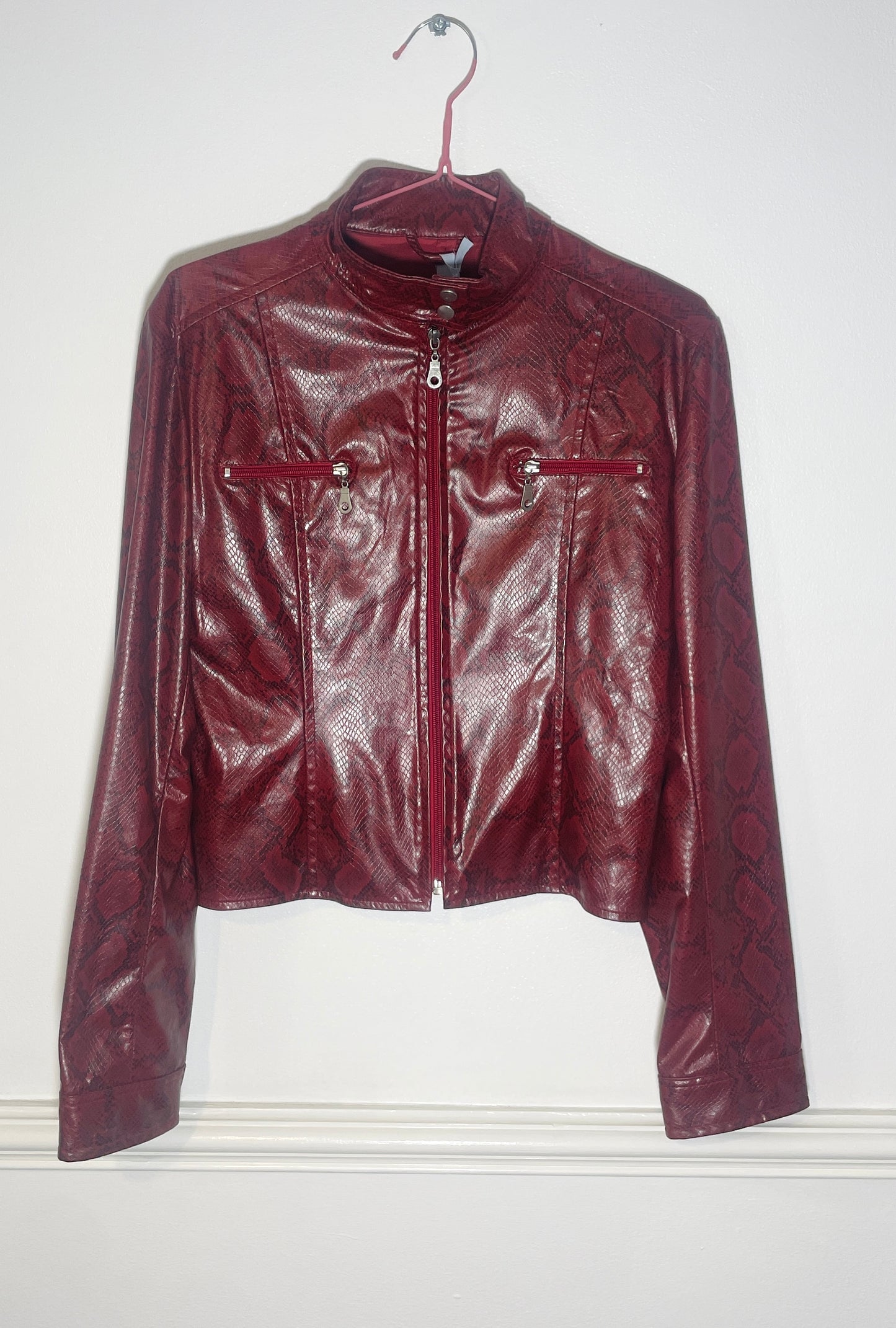 Vintage Y2k Red Faux Leather Snakeskin Fitted Moto Jacket - Size 10