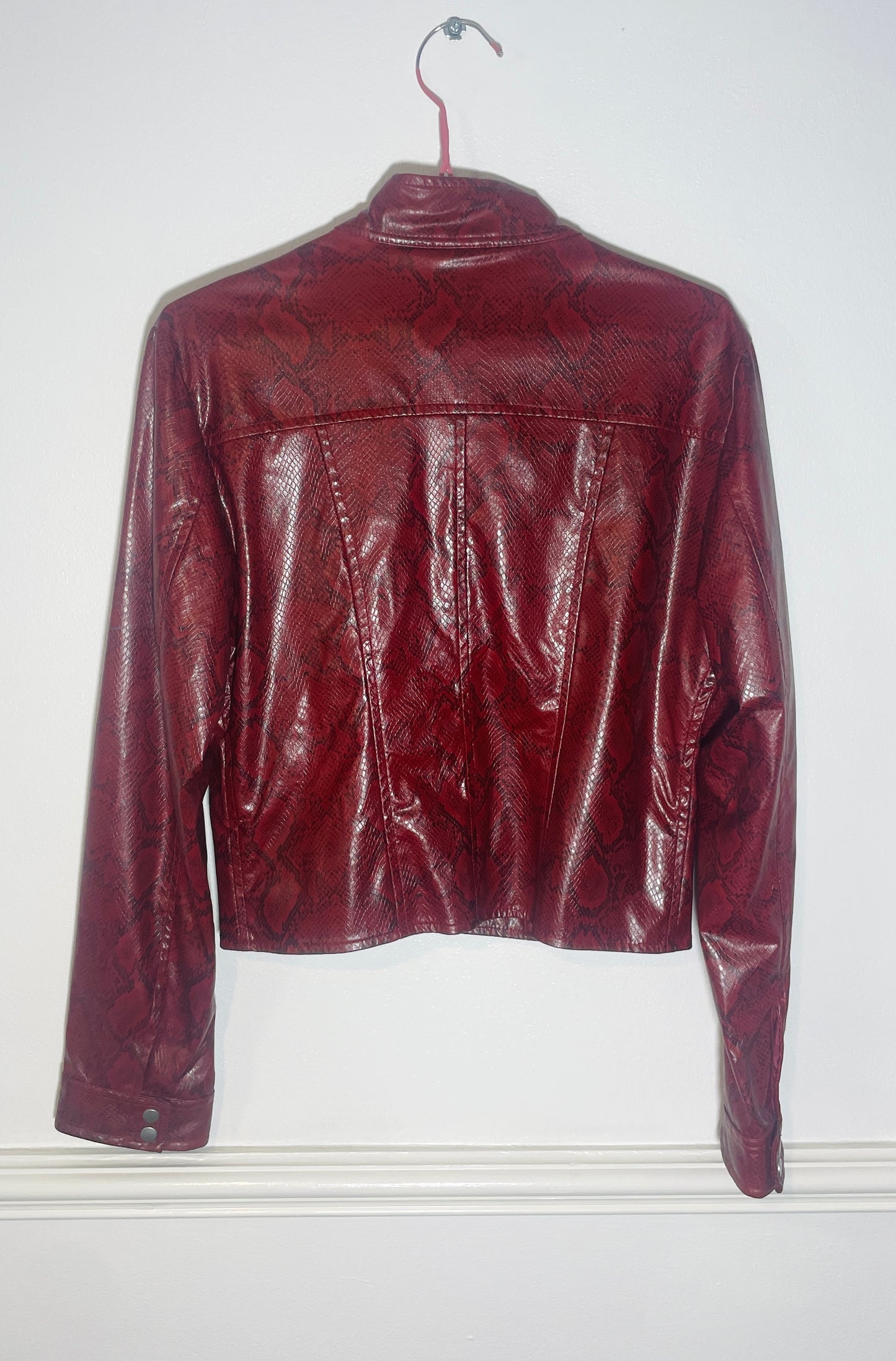 Vintage Y2k Red Faux Leather Snakeskin Fitted Moto Jacket - Size 10