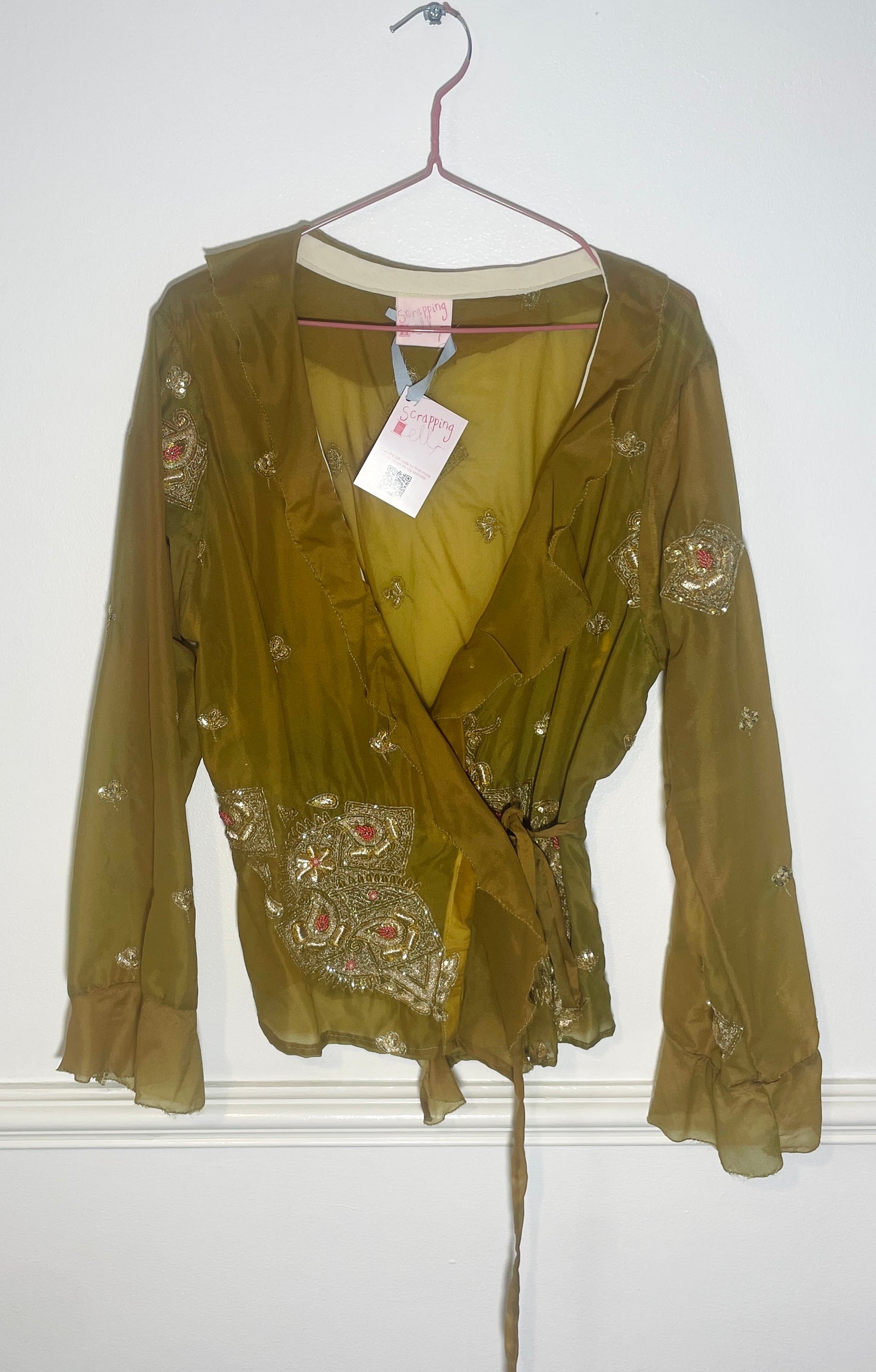 Handmade Khaki Green Sheer Chiffon Sequin Wrap Top with Ruffle Neckline - Size 14