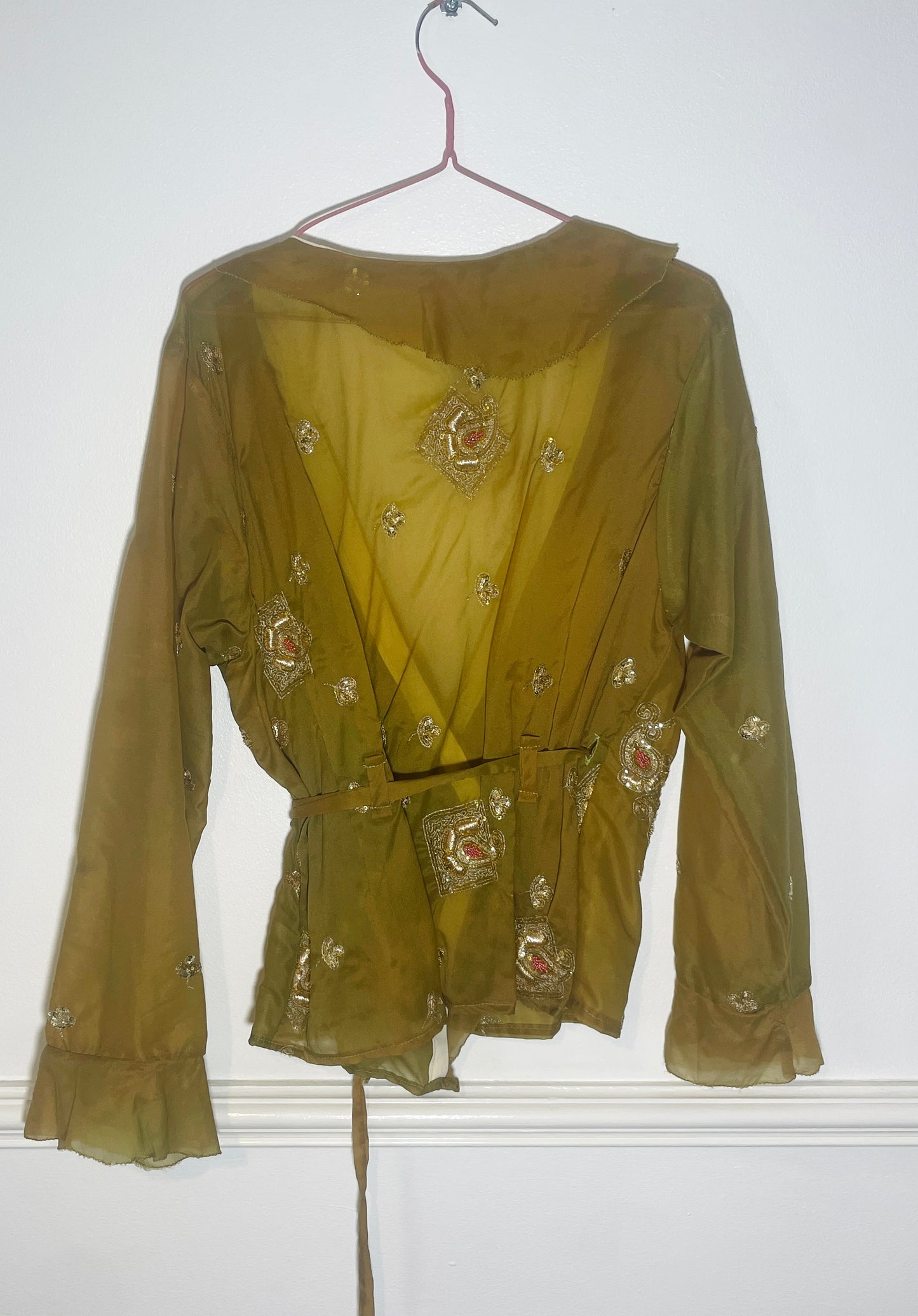 Handmade Khaki Green Sheer Chiffon Sequin Wrap Top with Ruffle Neckline - Size 14