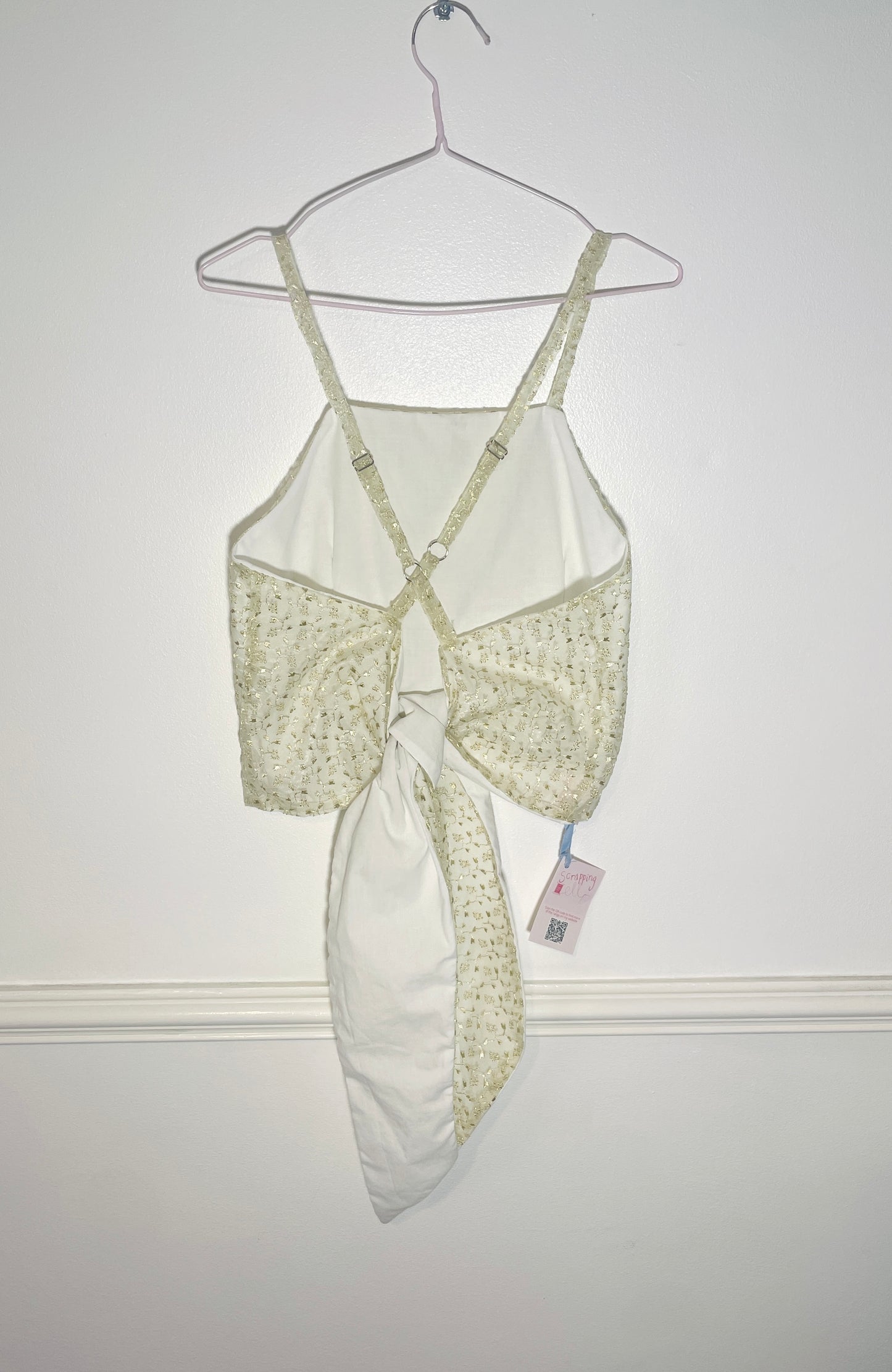 Handmade White Floral Embroidered Organza Cross Strap Tie Back Crop Top - Size 12