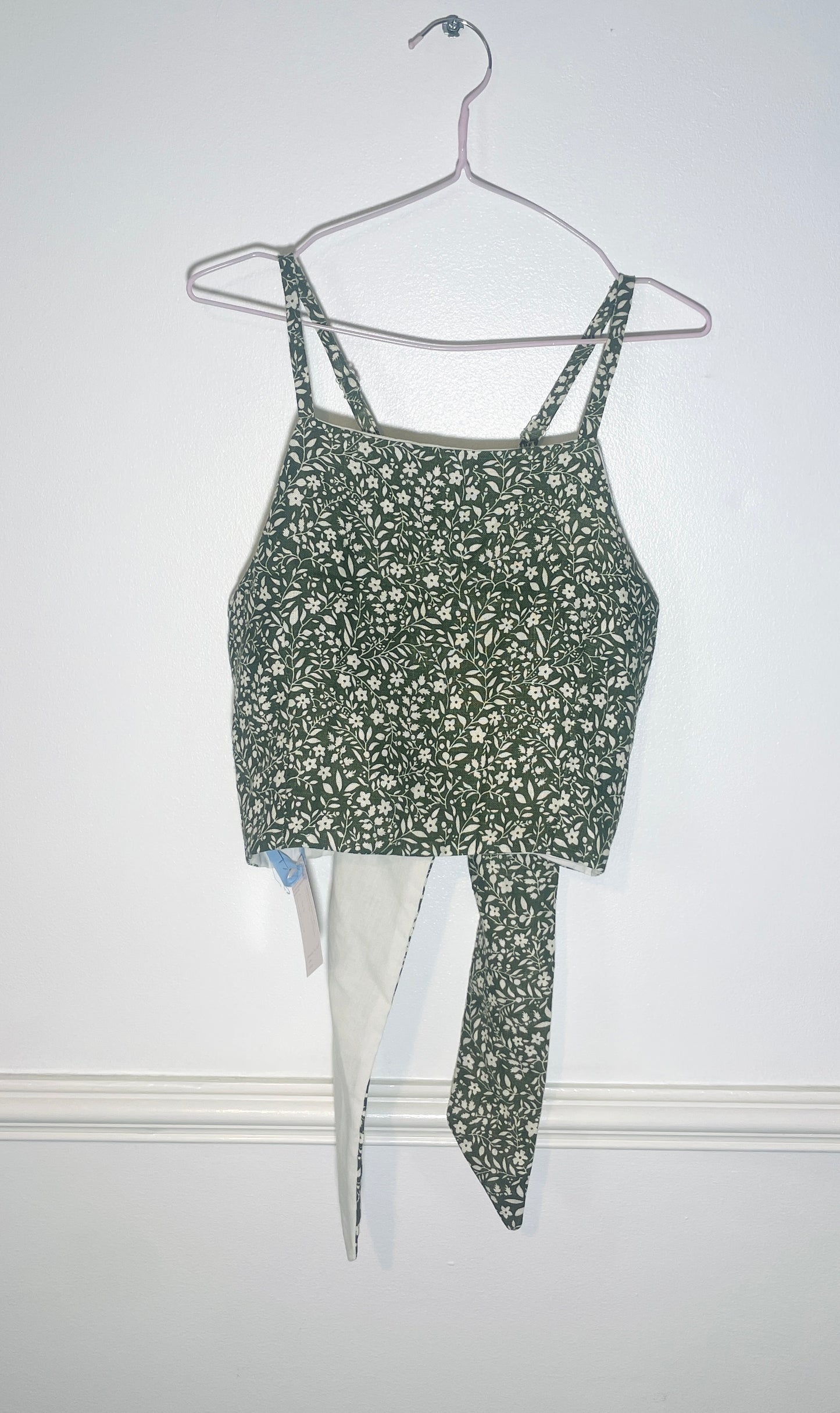Handmade Green Floral Linen Cross Strap Tie Back Crop Top - Size 14