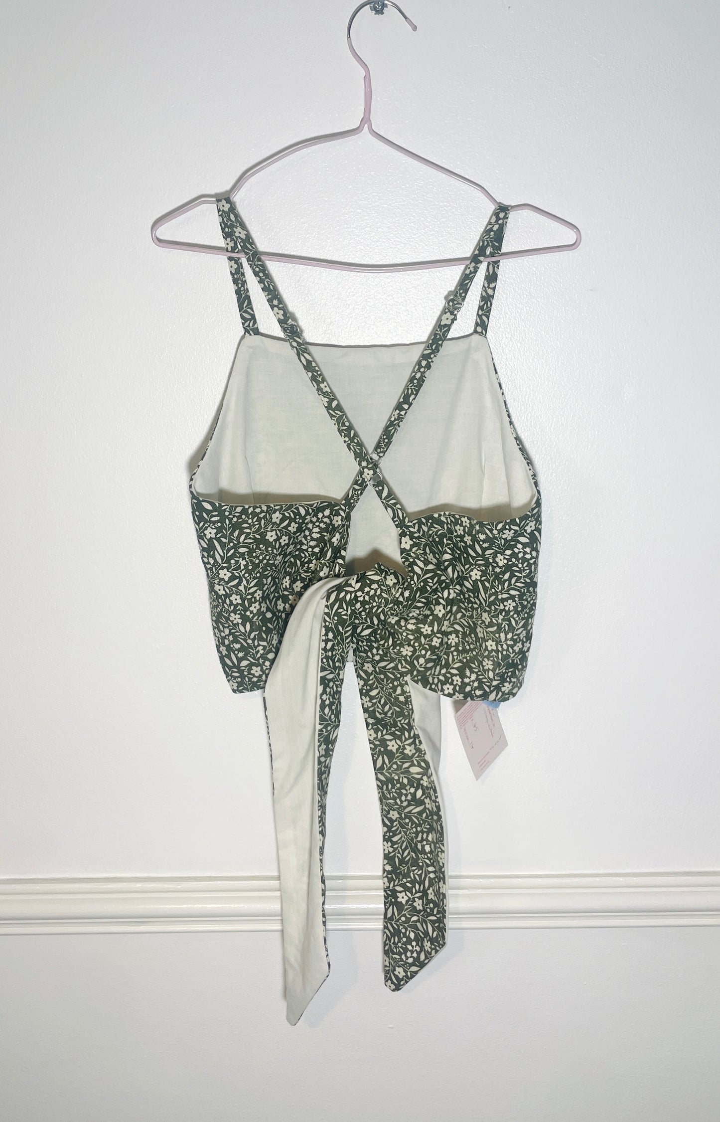 Handmade Green Floral Linen Cross Strap Tie Back Crop Top - Size 14