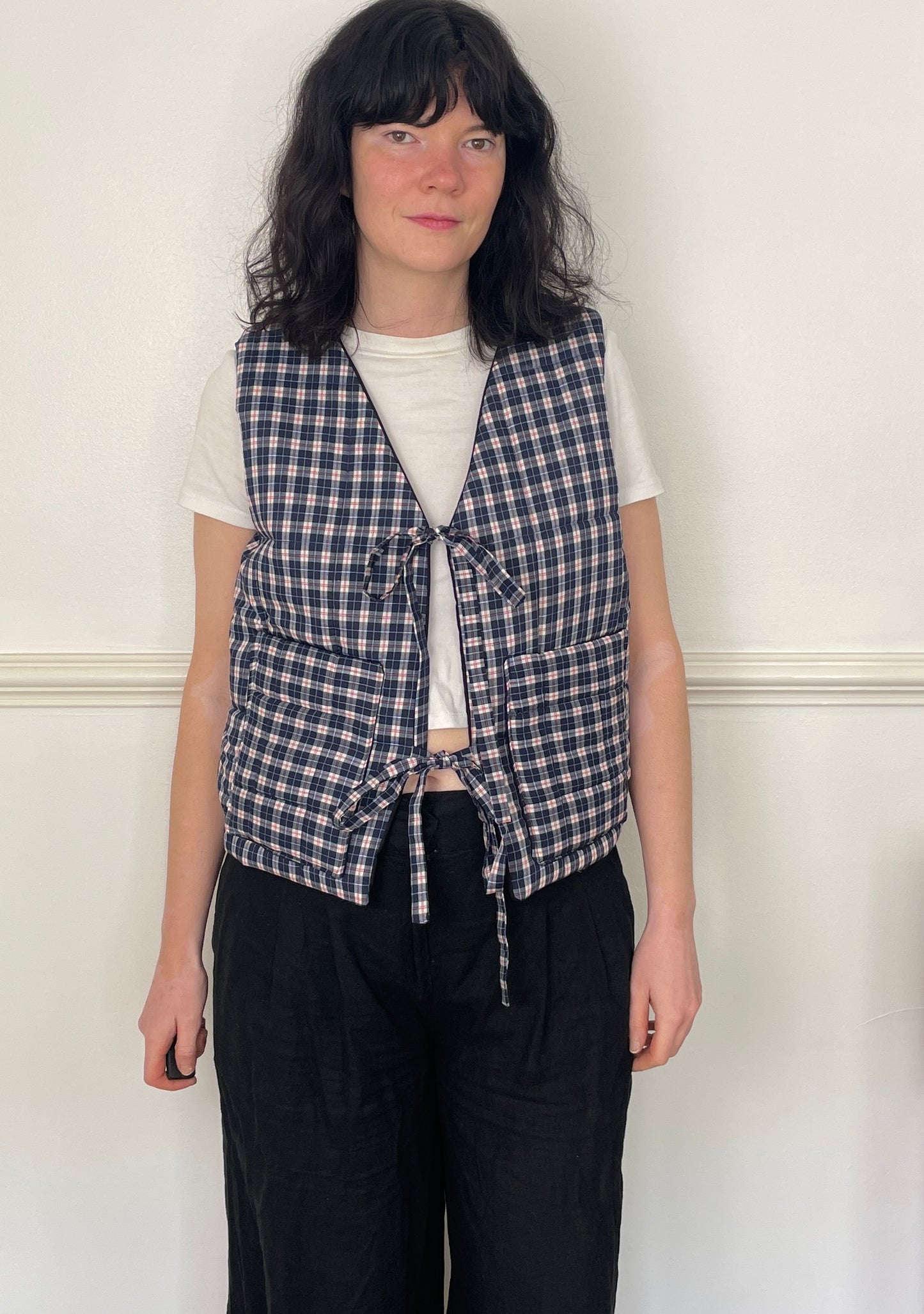 Handmade Navy Blue Checked Tie Front Quilted Vest Gilet - Size 10