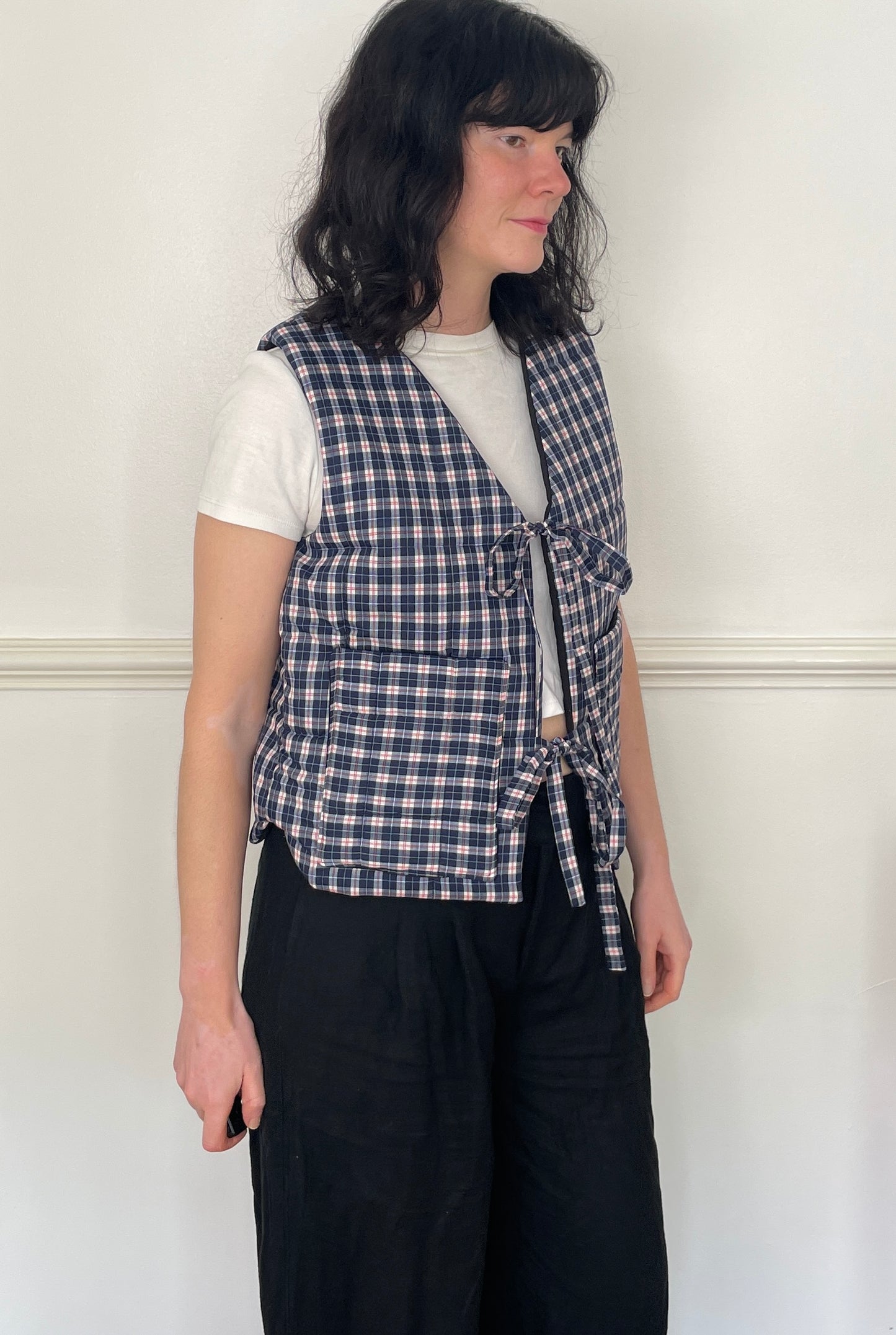 Handmade Navy Blue Checked Tie Front Quilted Vest Gilet - Size 10