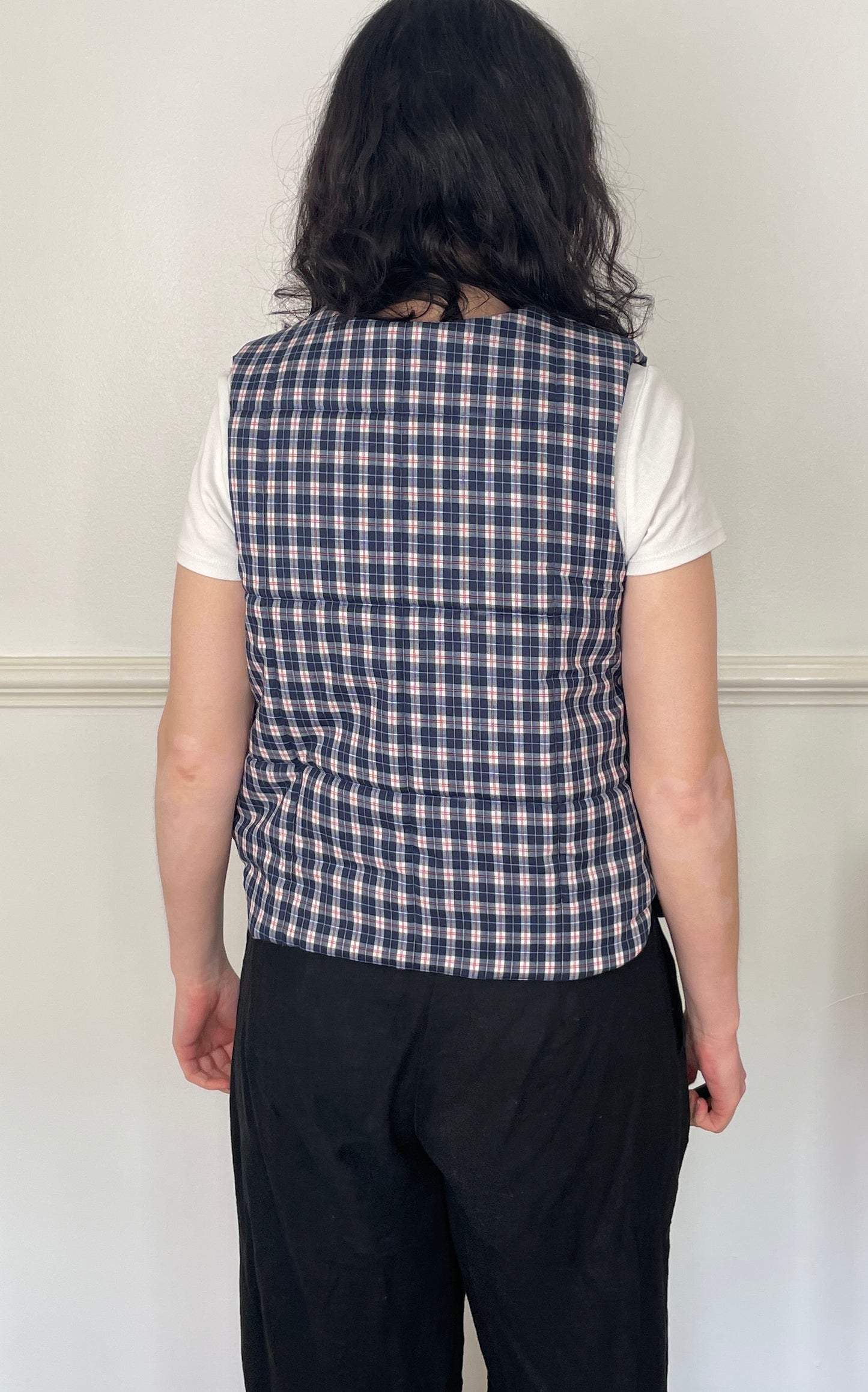 Handmade Navy Blue Checked Tie Front Quilted Vest Gilet - Size 10