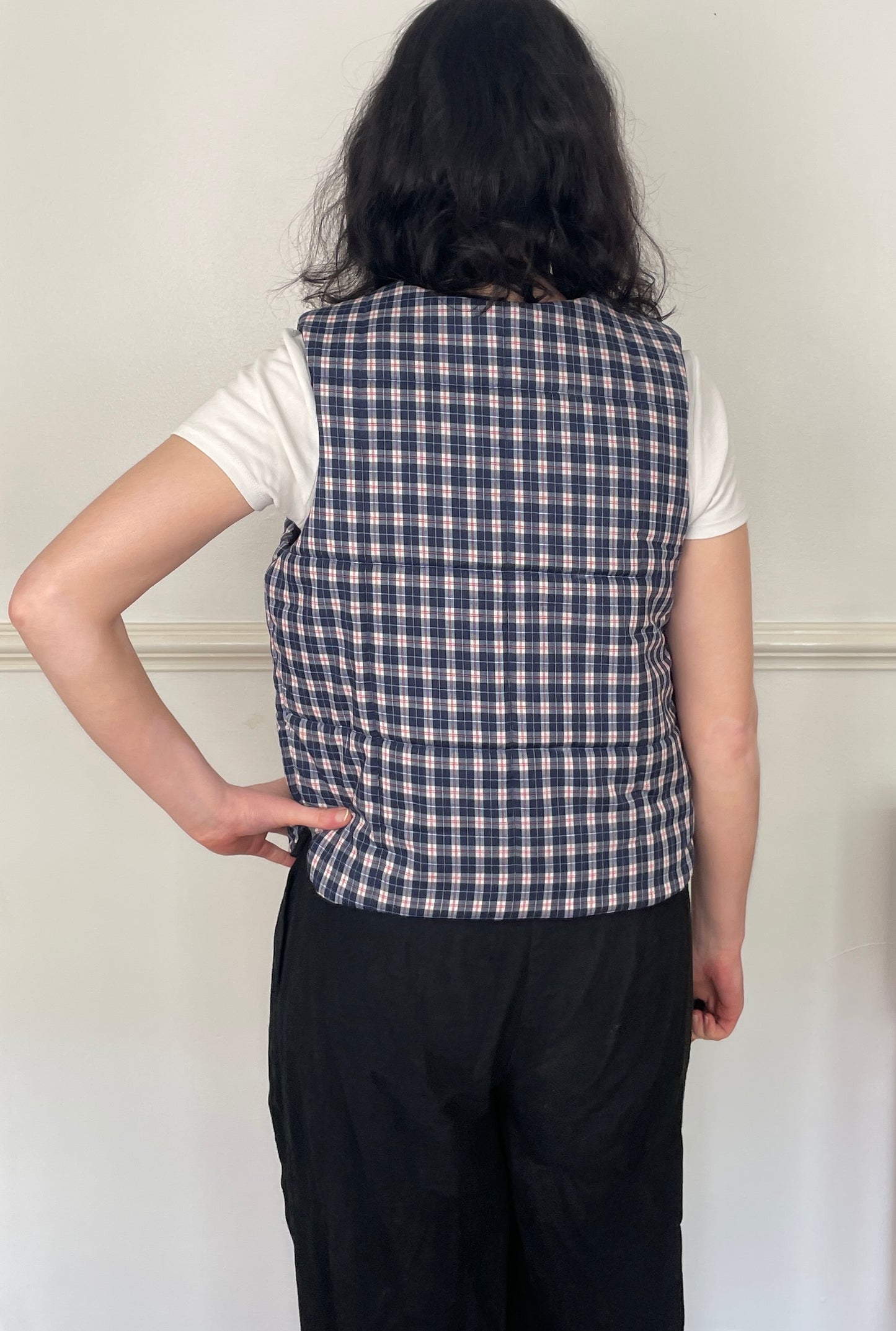 Handmade Navy Blue Checked Tie Front Quilted Vest Gilet - Size 10