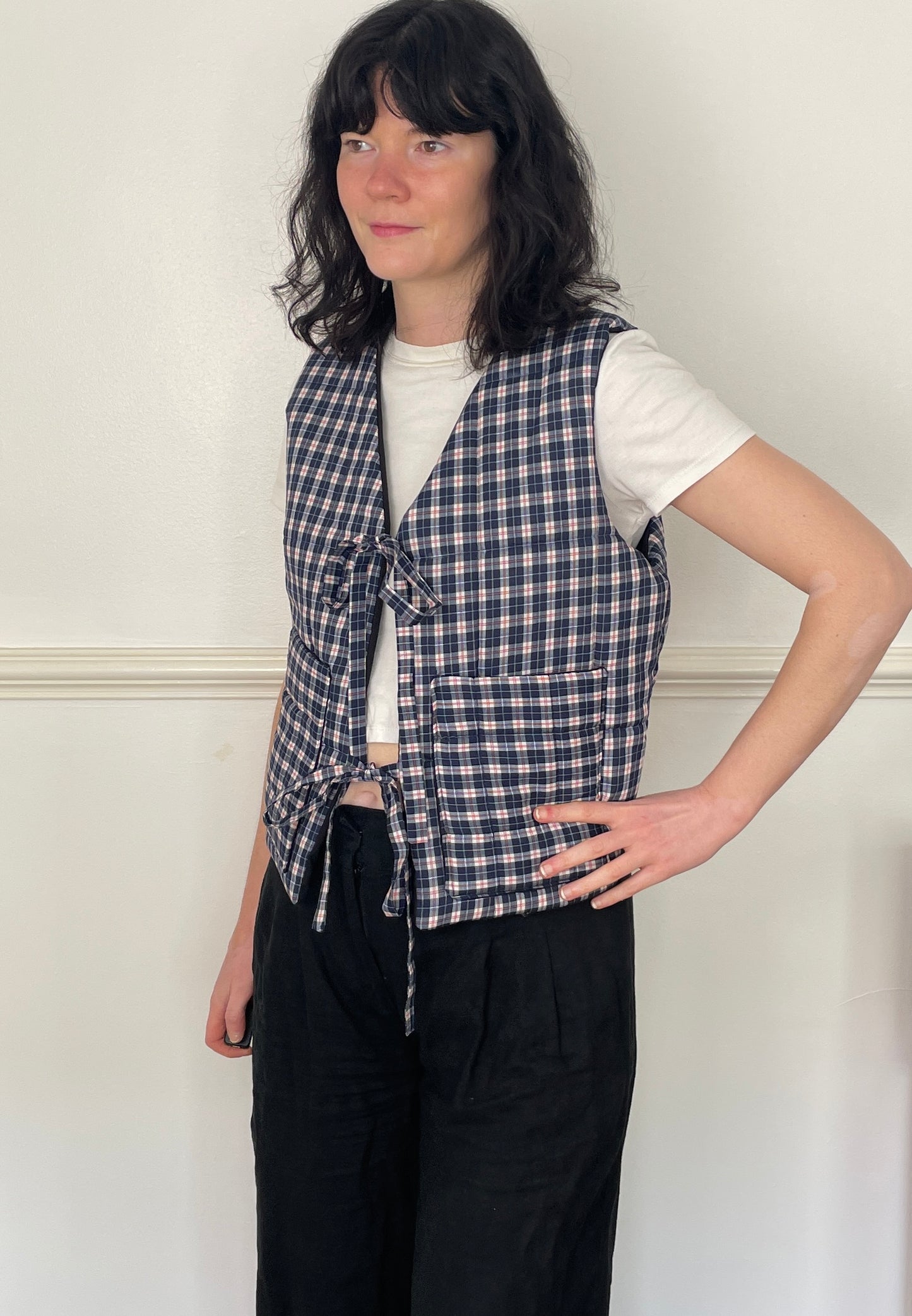 Handmade Navy Blue Checked Tie Front Quilted Vest Gilet - Size 10