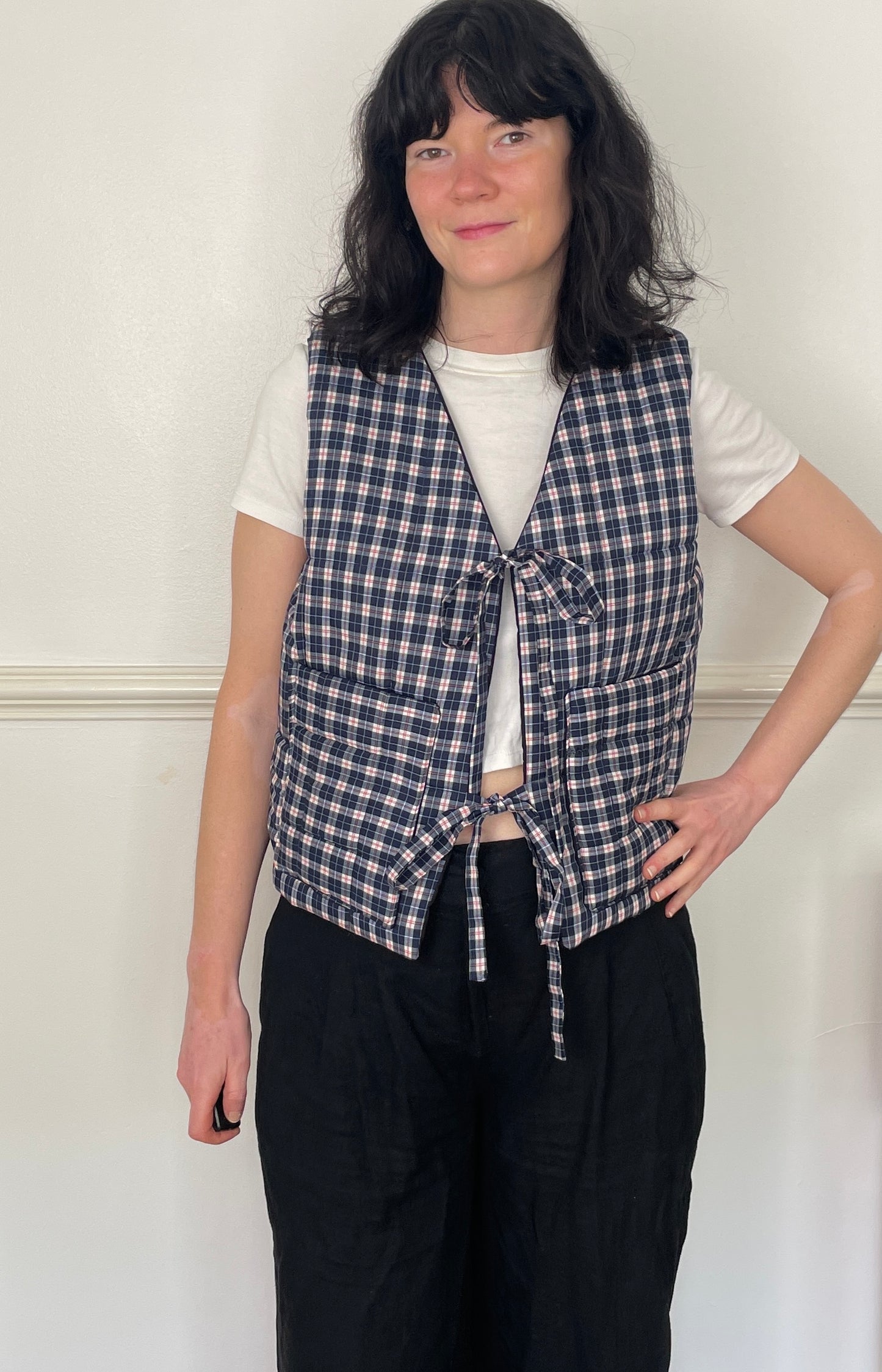 Handmade Navy Blue Checked Tie Front Quilted Vest Gilet - Size 10