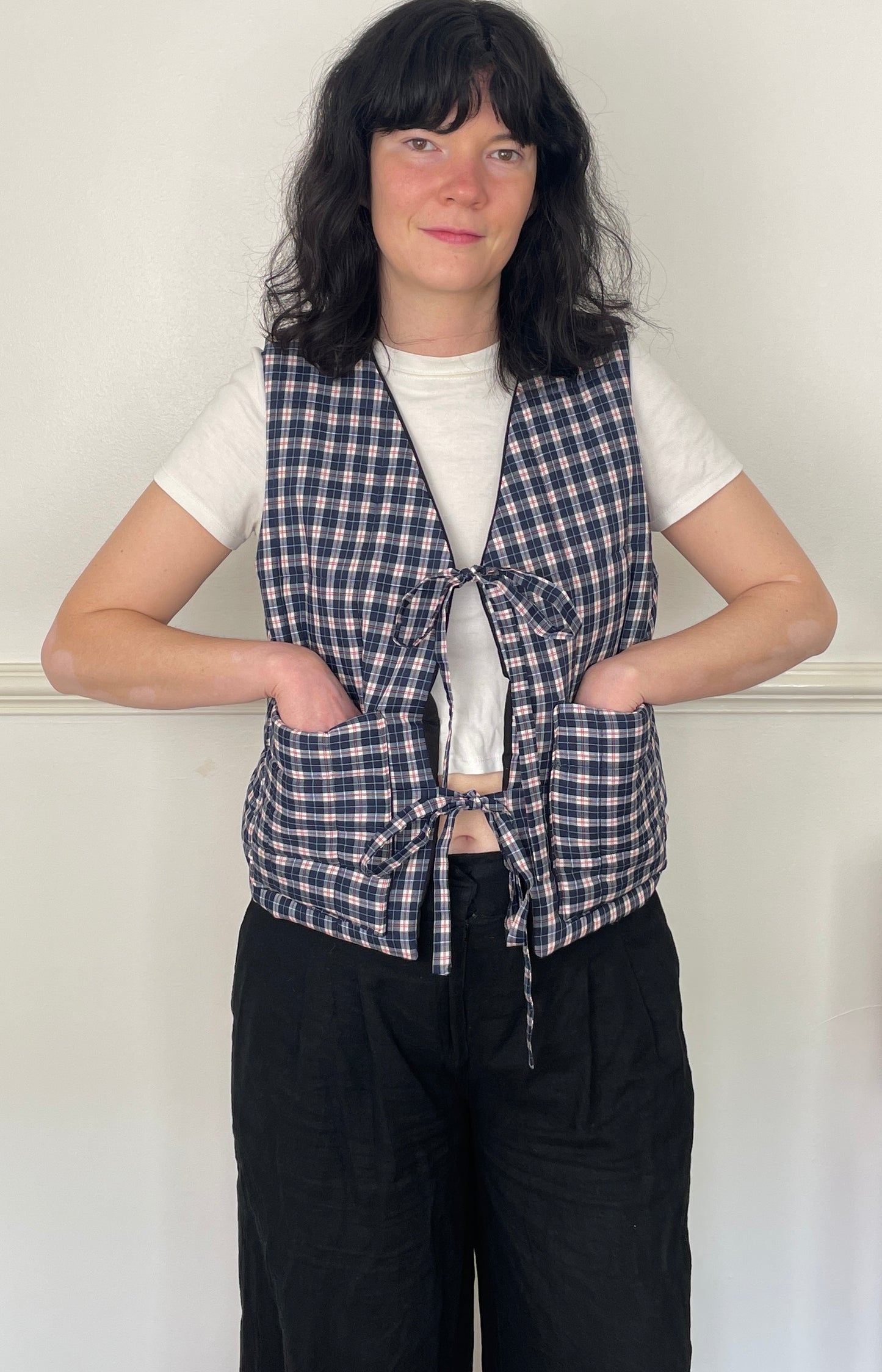 Handmade Navy Blue Checked Tie Front Quilted Vest Gilet - Size 10