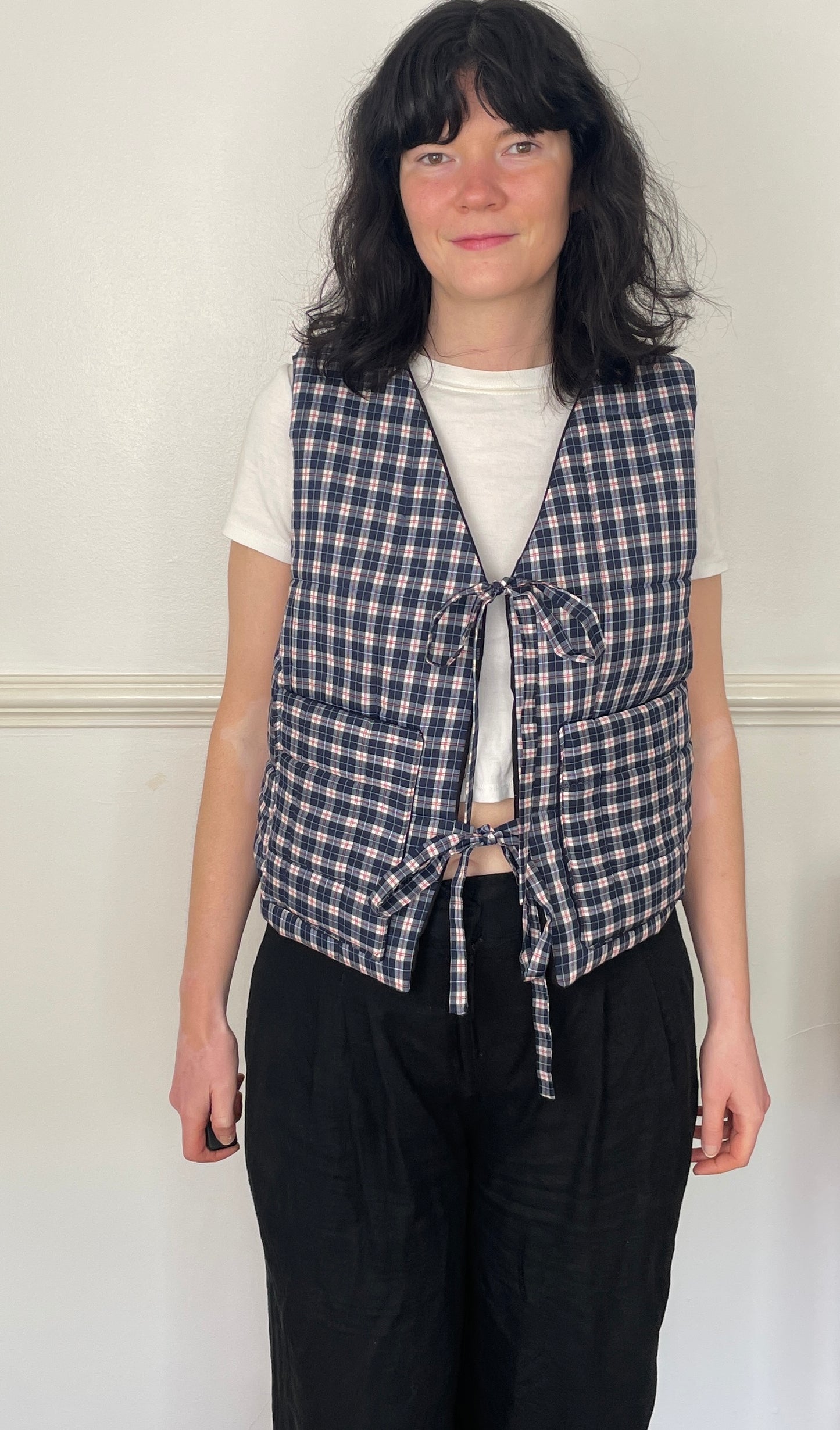 Handmade Navy Blue Checked Tie Front Quilted Vest Gilet - Size 10
