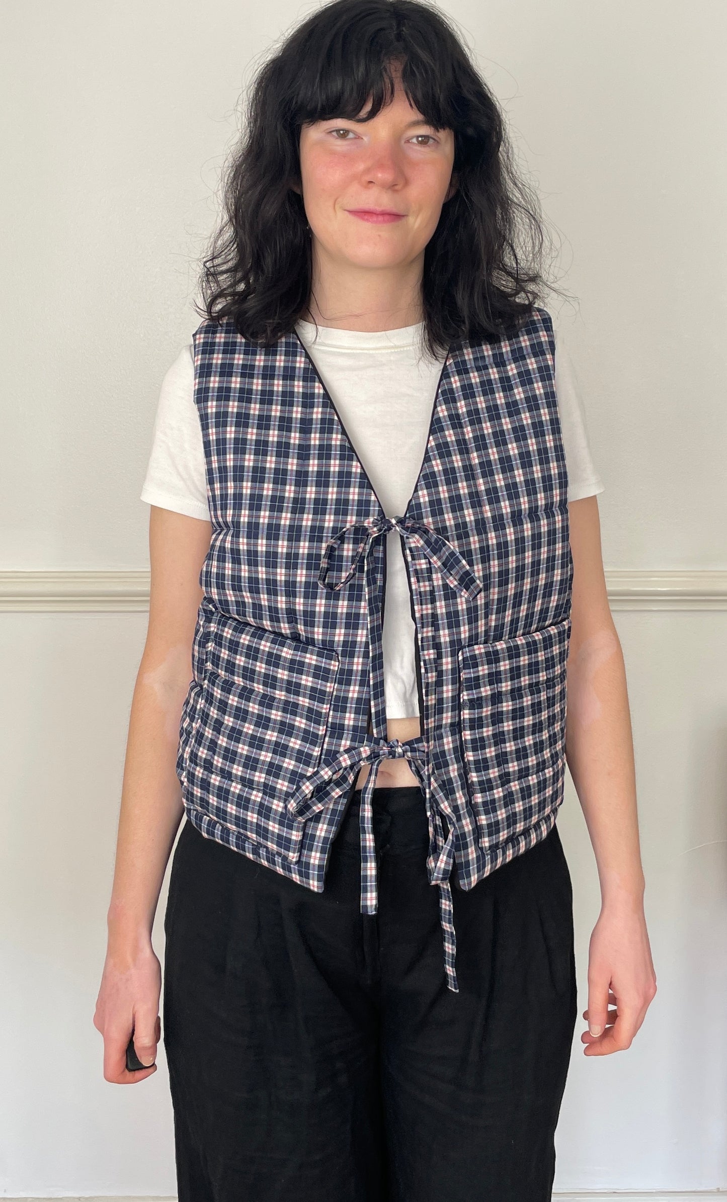 Handmade Navy Blue Checked Tie Front Quilted Vest Gilet - Size 10