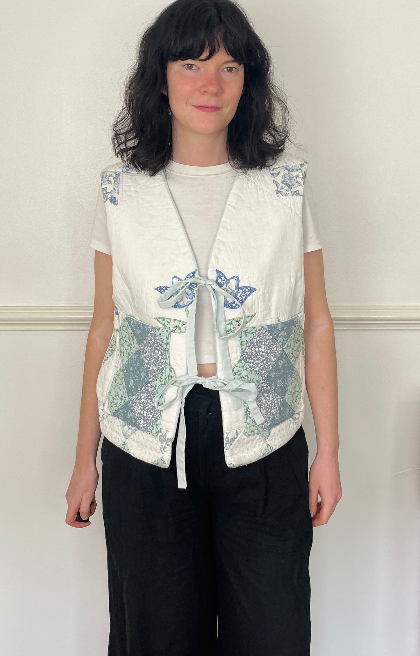 Handmade Blue Floral Tie Front Quilted Vest Gilet - Size 14