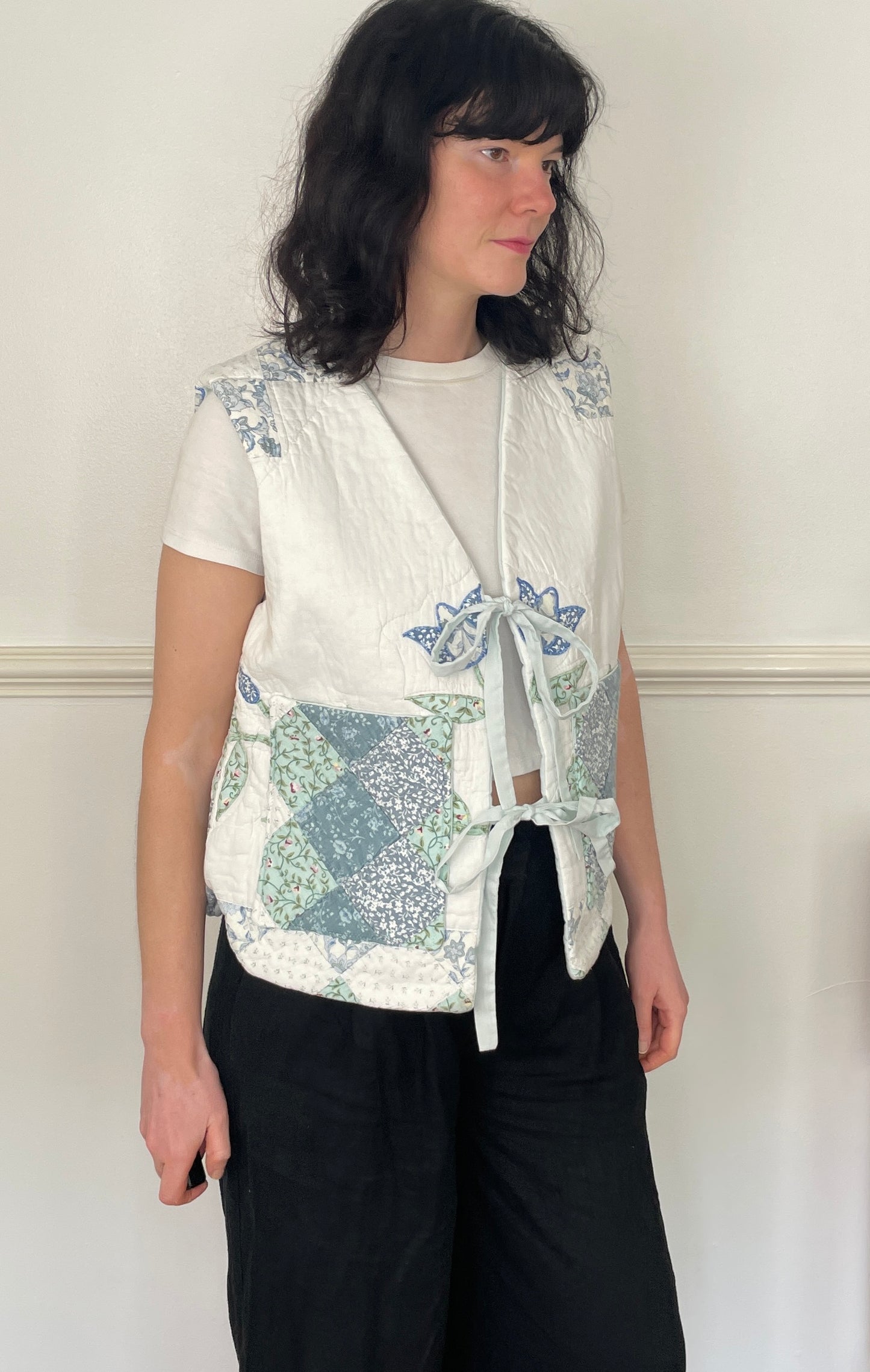 Handmade Blue Floral Tie Front Quilted Vest Gilet - Size 14