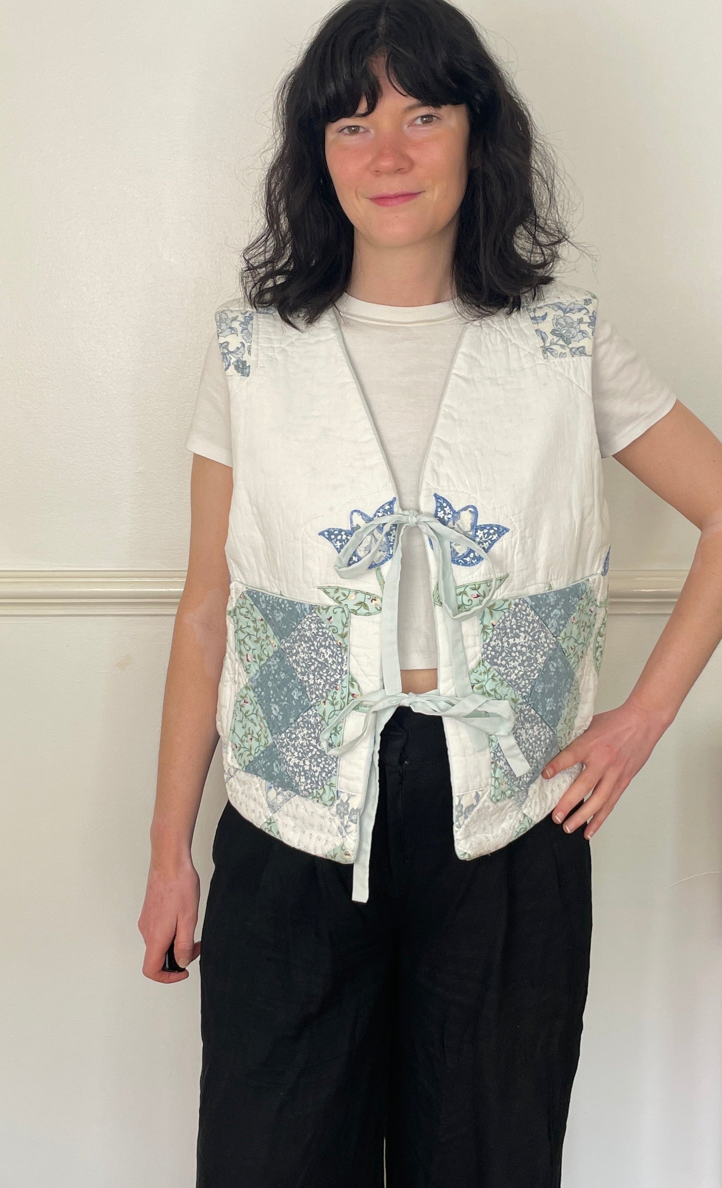 Handmade Blue Floral Tie Front Quilted Vest Gilet - Size 14