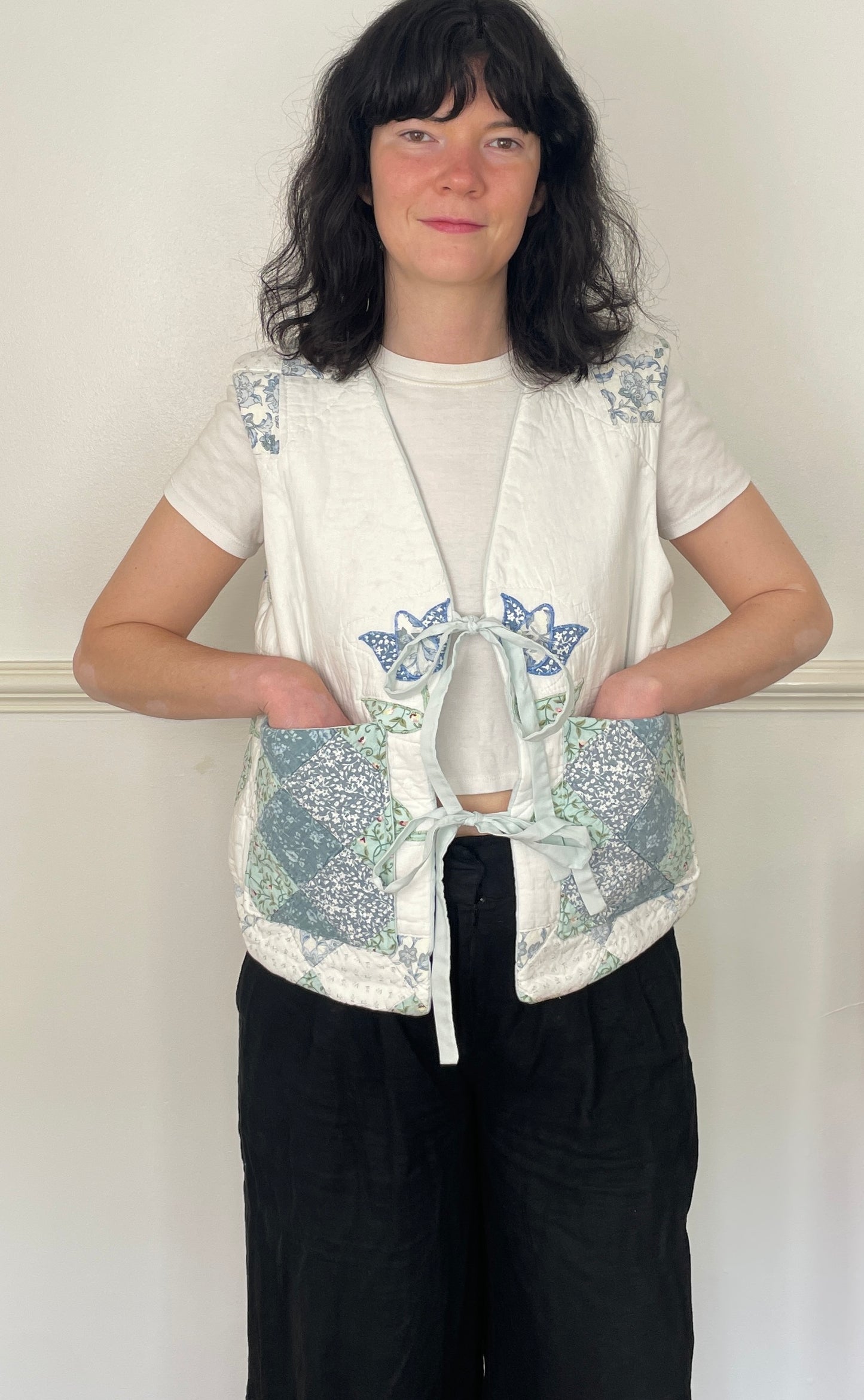 Handmade Blue Floral Tie Front Quilted Vest Gilet - Size 14
