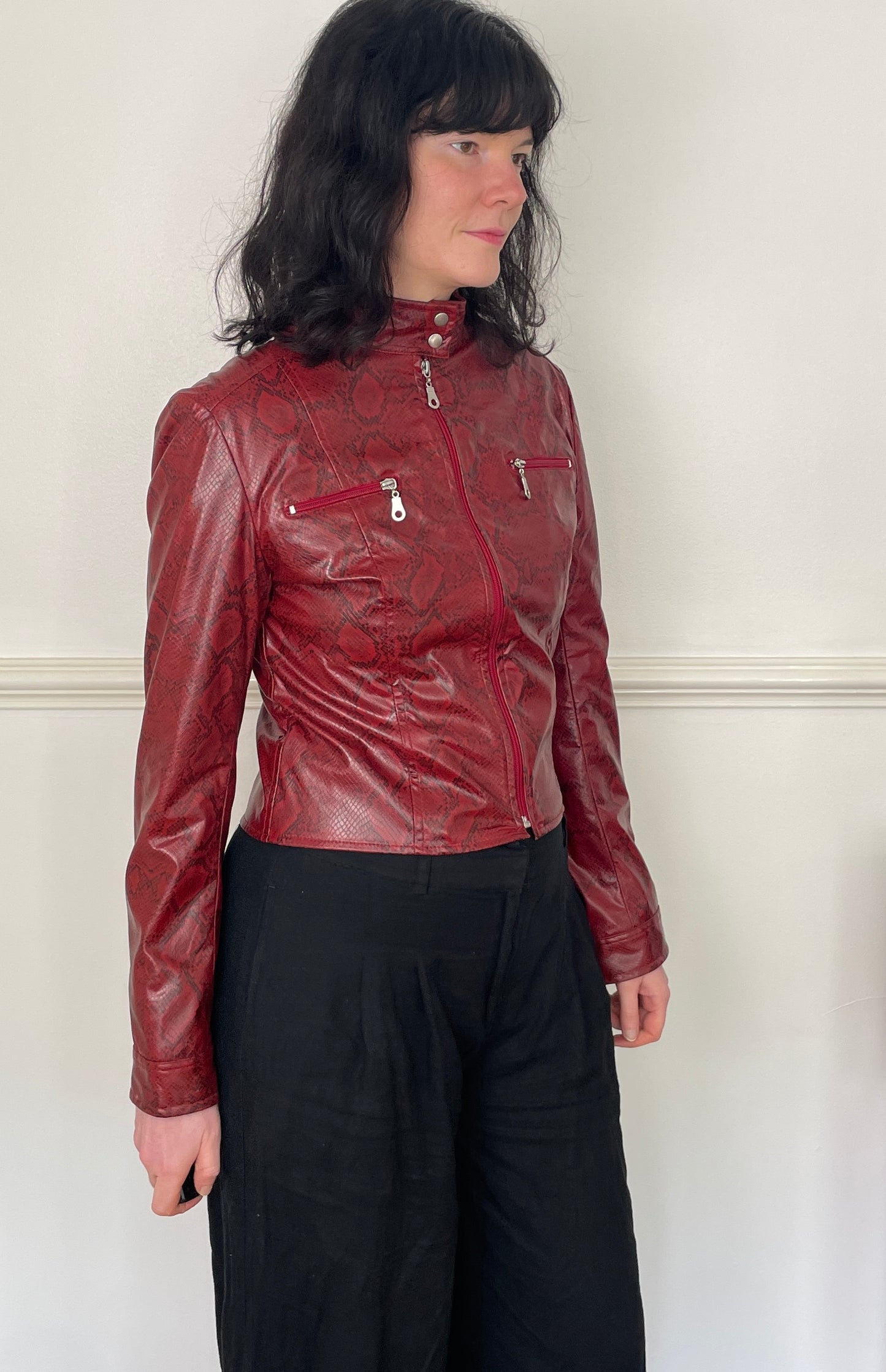 Vintage Y2k Red Faux Leather Snakeskin Fitted Moto Jacket - Size 10