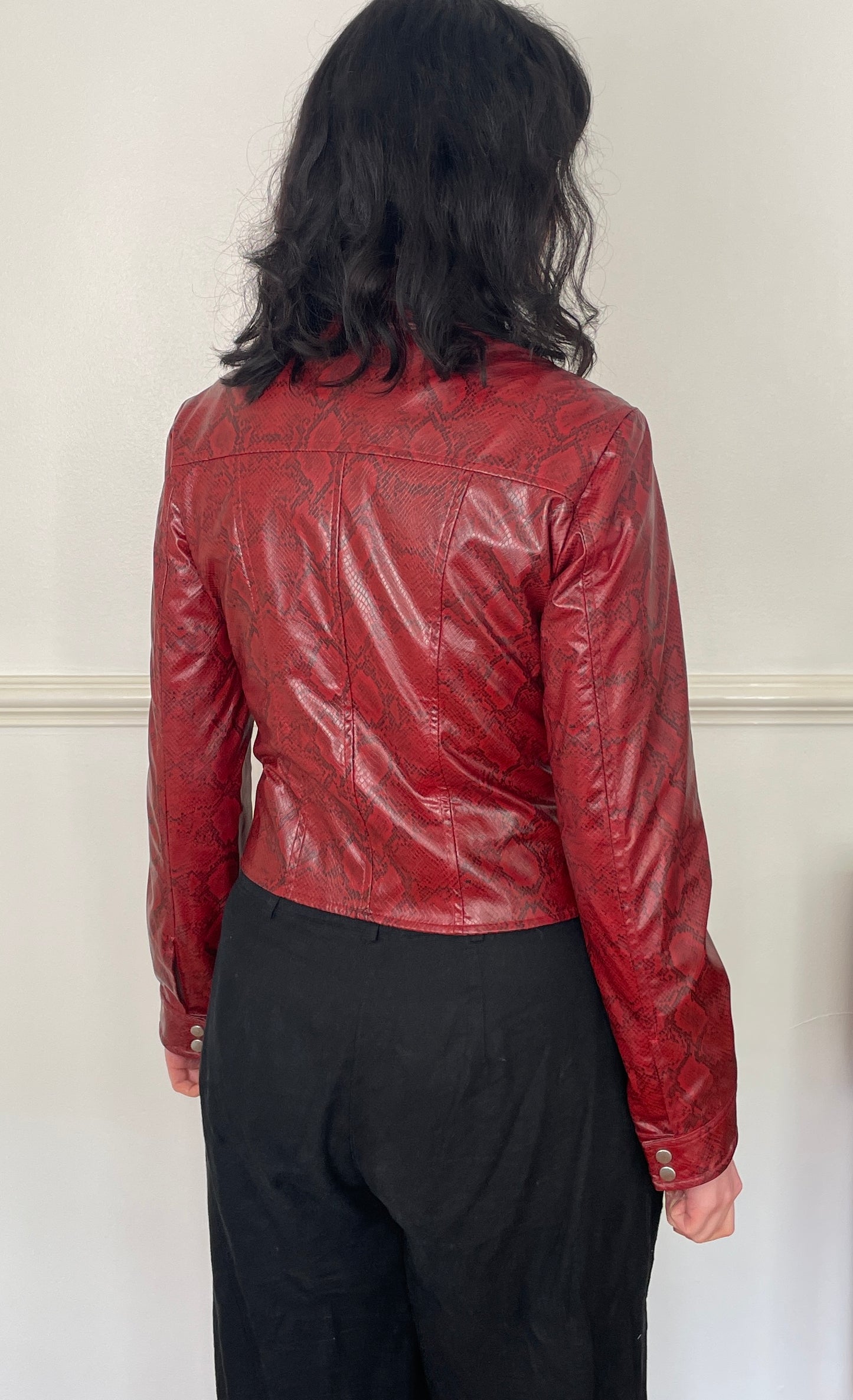 Vintage Y2k Red Faux Leather Snakeskin Fitted Moto Jacket - Size 10