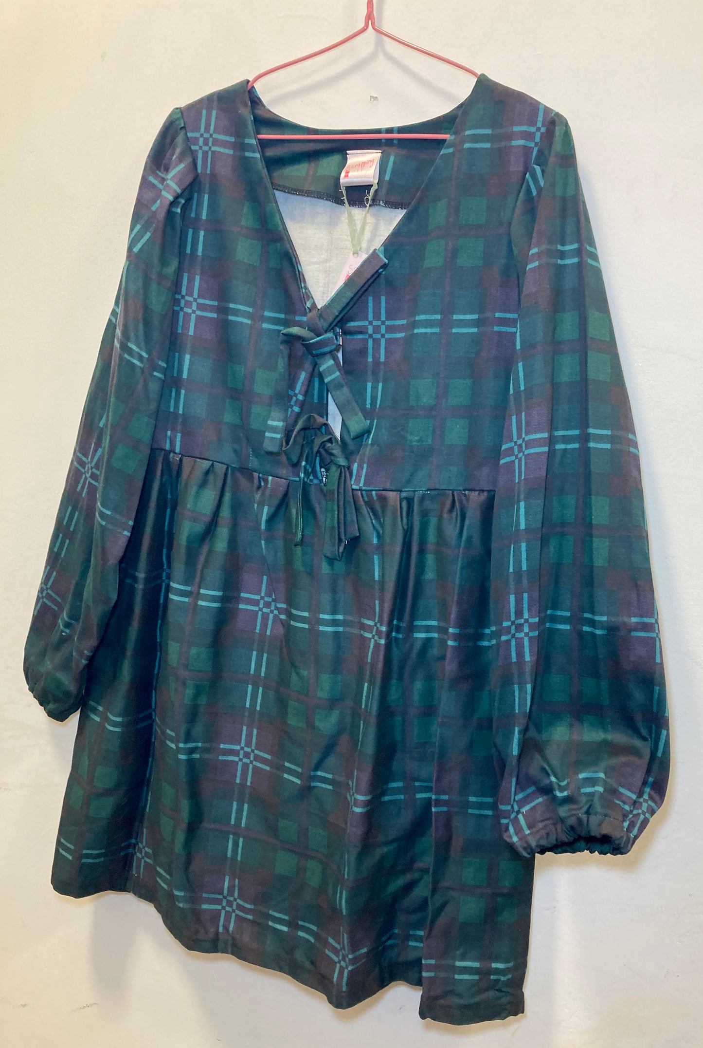Ella Handmade Green Tartan Tie Front Puff Sleeve Mini Dress - Up To Size 10