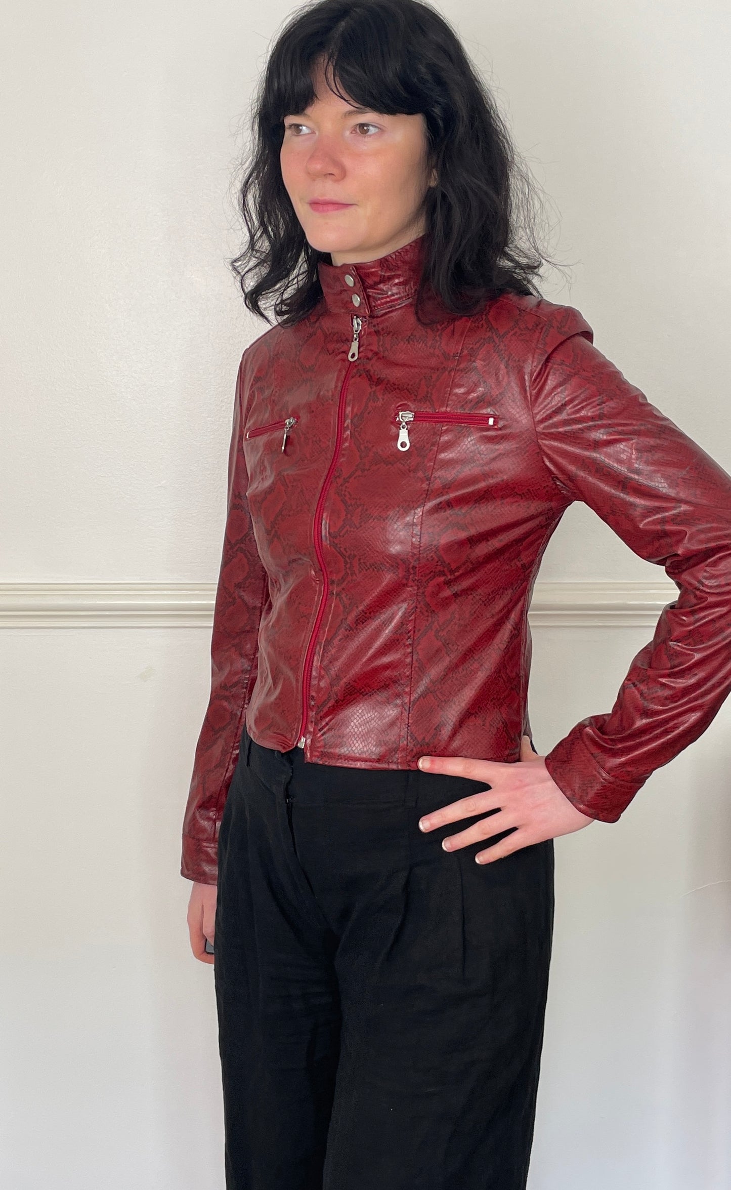 Vintage Y2k Red Faux Leather Snakeskin Fitted Moto Jacket - Size 10