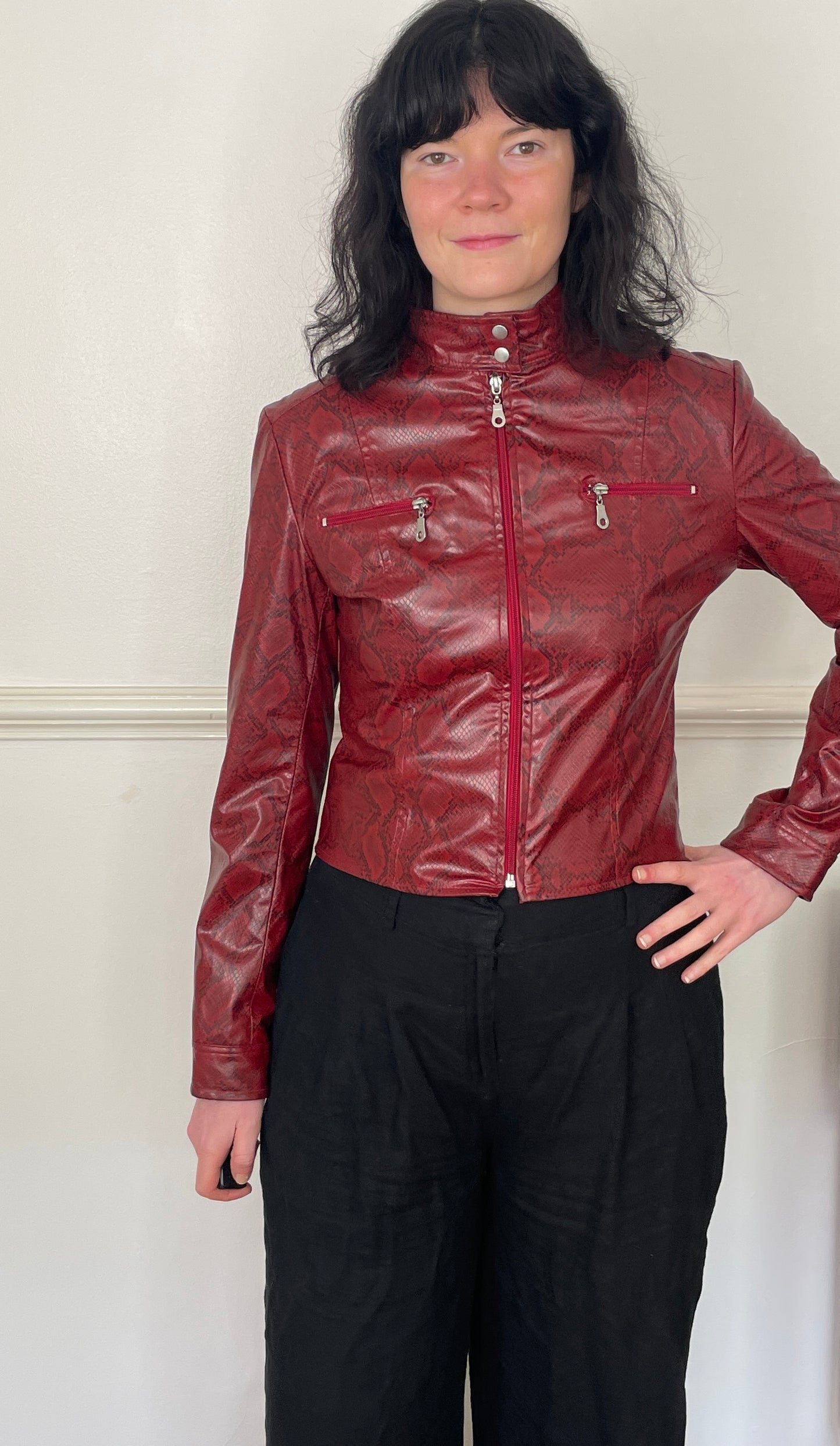 Vintage Y2k Red Faux Leather Snakeskin Fitted Moto Jacket - Size 10