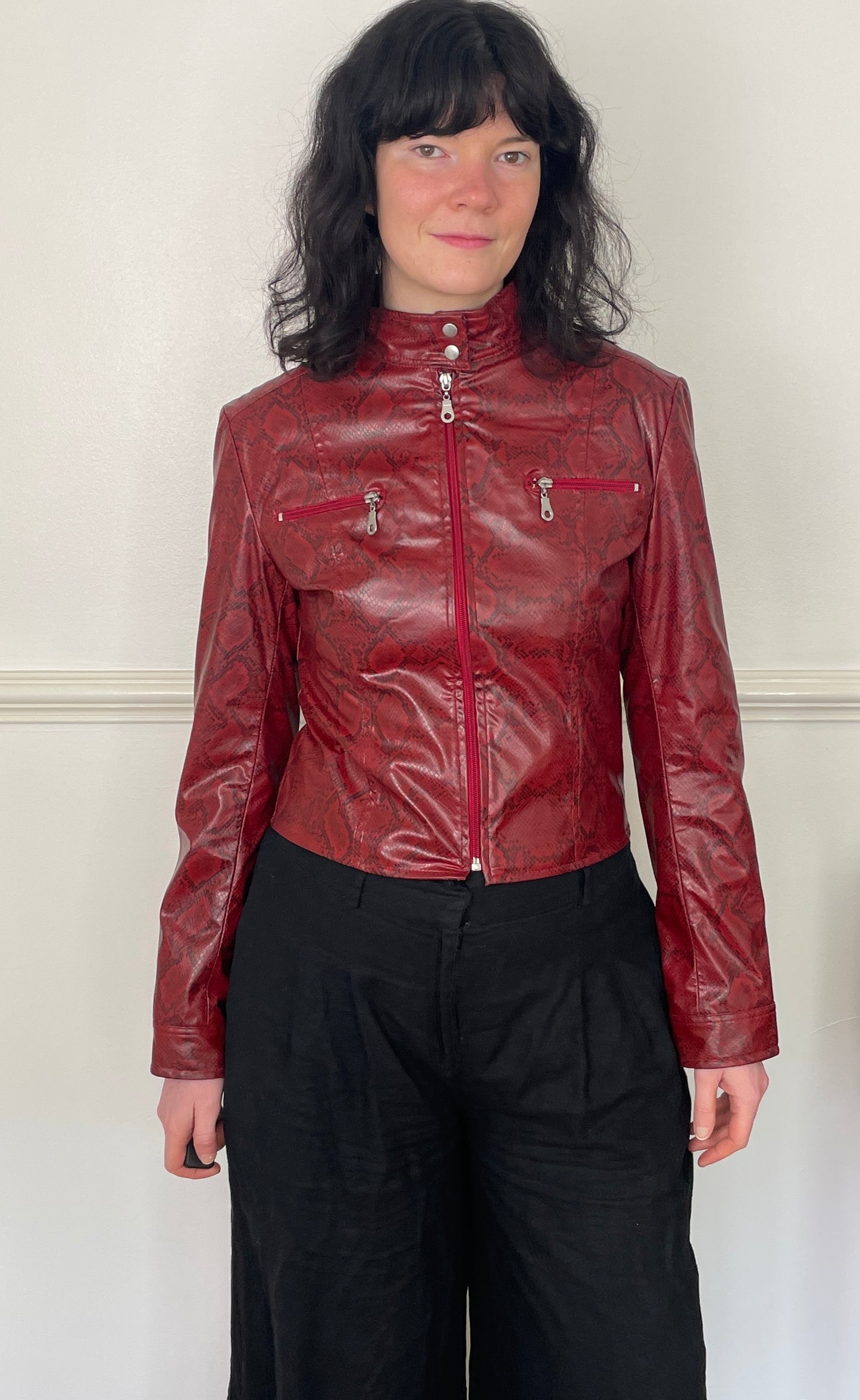 Vintage Y2k Red Faux Leather Snakeskin Fitted Moto Jacket - Size 10