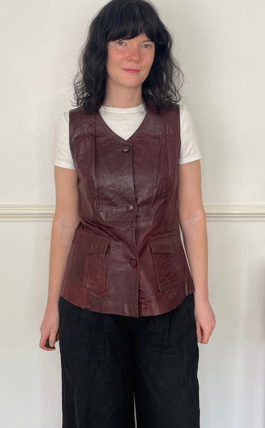 Vintage 90s Long Burgandy Leather Sleeveless Waistcoat - Size 10