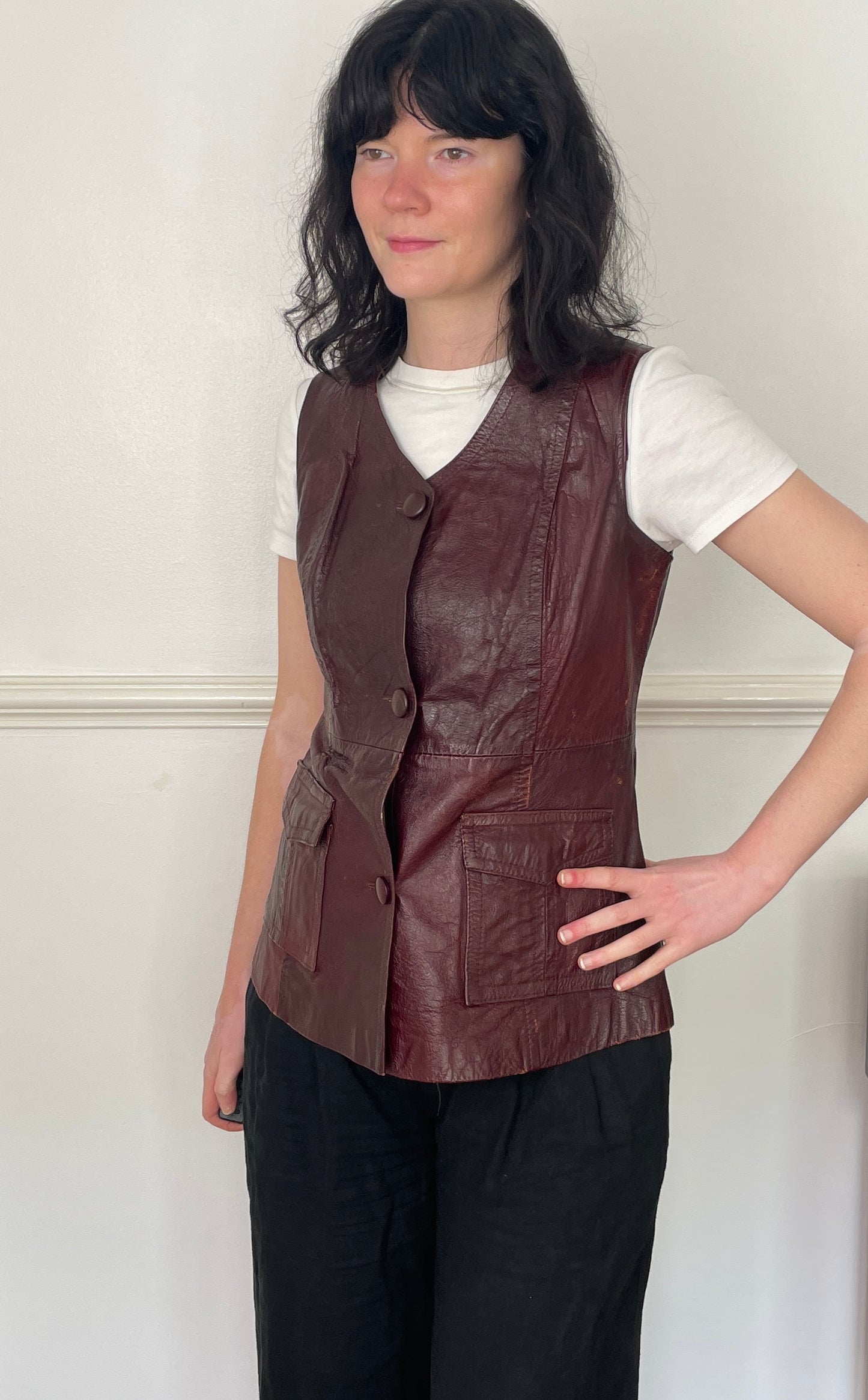 Vintage 90s Long Burgandy Leather Sleeveless Waistcoat - Size 10