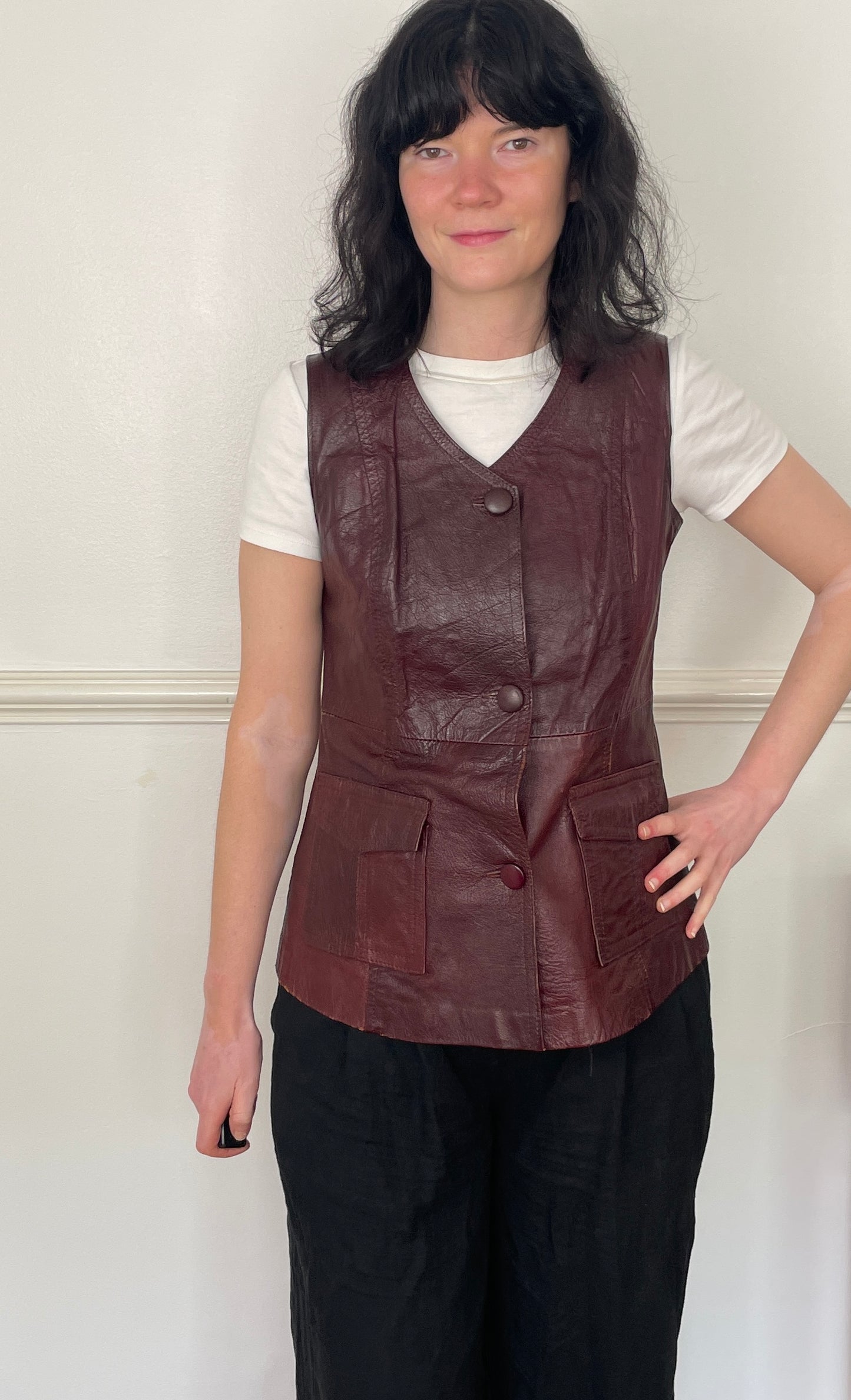 Vintage 90s Long Burgandy Leather Sleeveless Waistcoat - Size 10